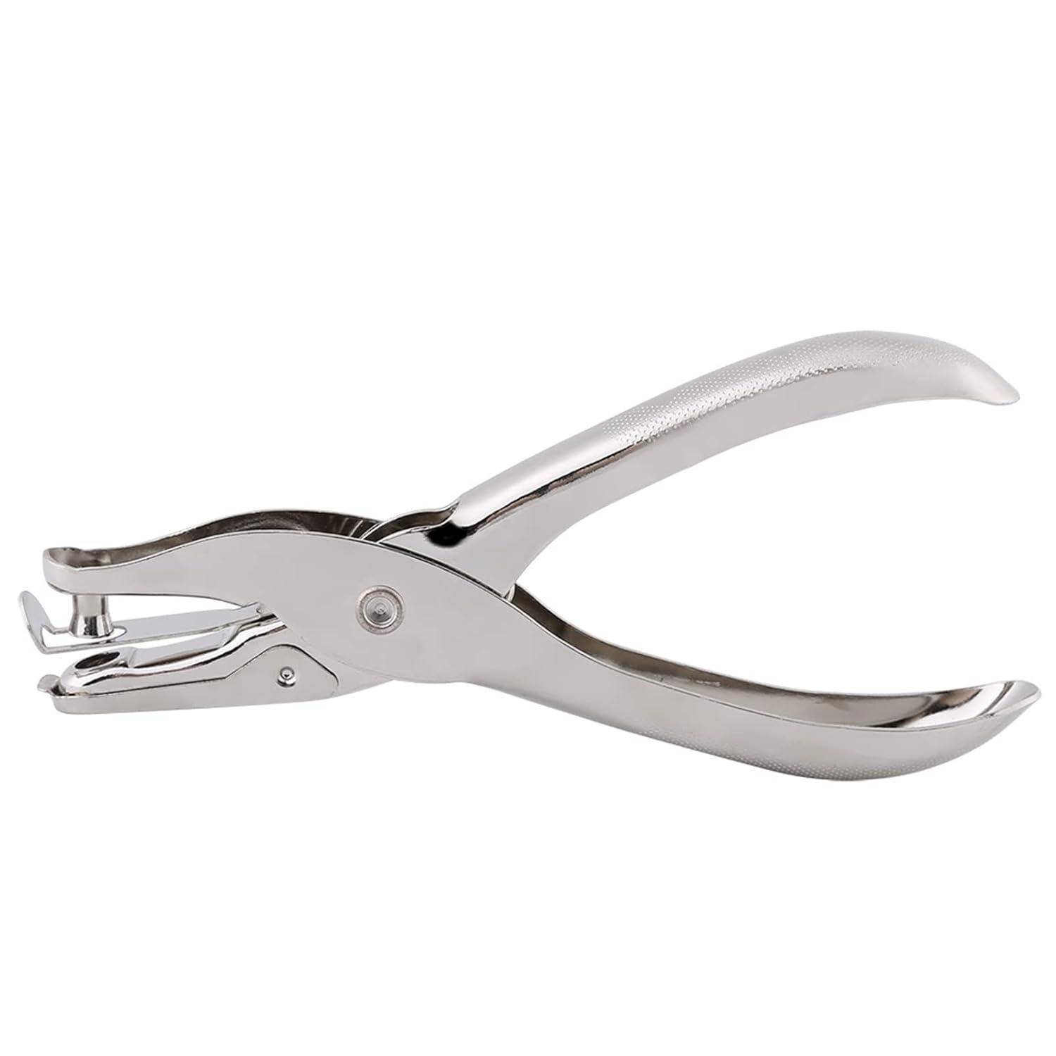 Silber-Metall-Handlochstanzer mit gekrümmten Griffen, auf weißem Hintergrund gezeigt.