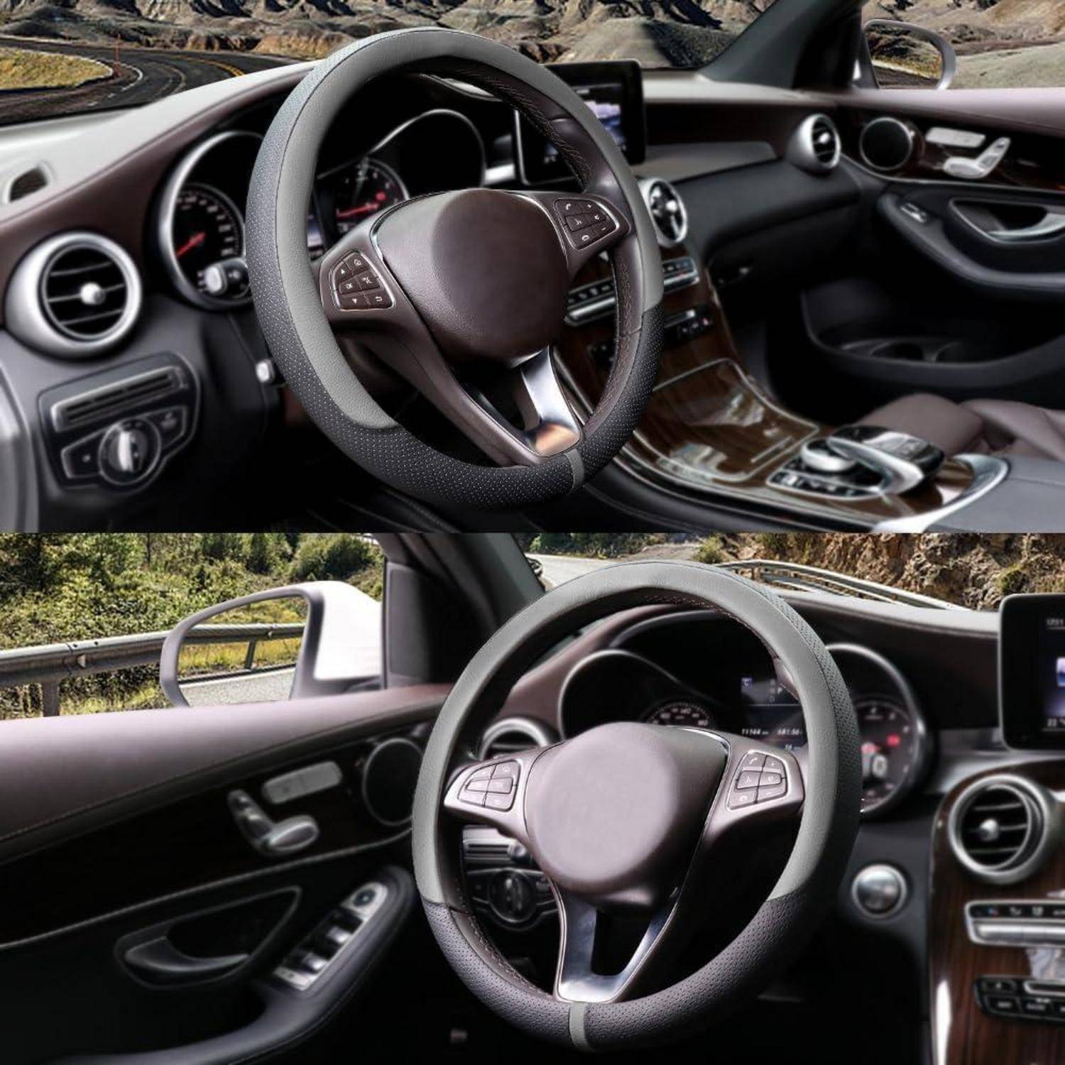 Nebeneinander angeordnete Innenraumansichten eines Automobils mit Fokus auf das Lenkrad, das Armaturenbrett, die mittlere Konsole und die Türsteuerungen in einem Luxusfahrzeug.