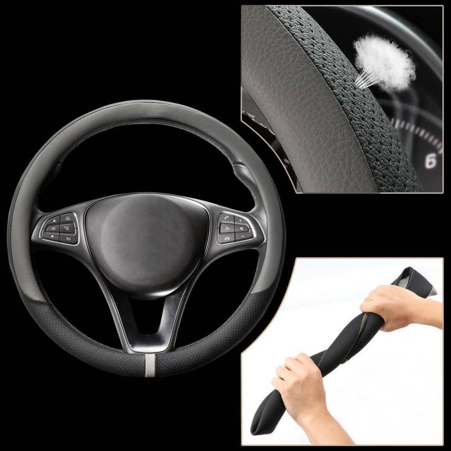 Lenkrad mit Airbag, der durch die Abdeckung reißt, gezeigt mit einer Nahaufnahme und Händen, die eine Lenkradabdeckung installieren.