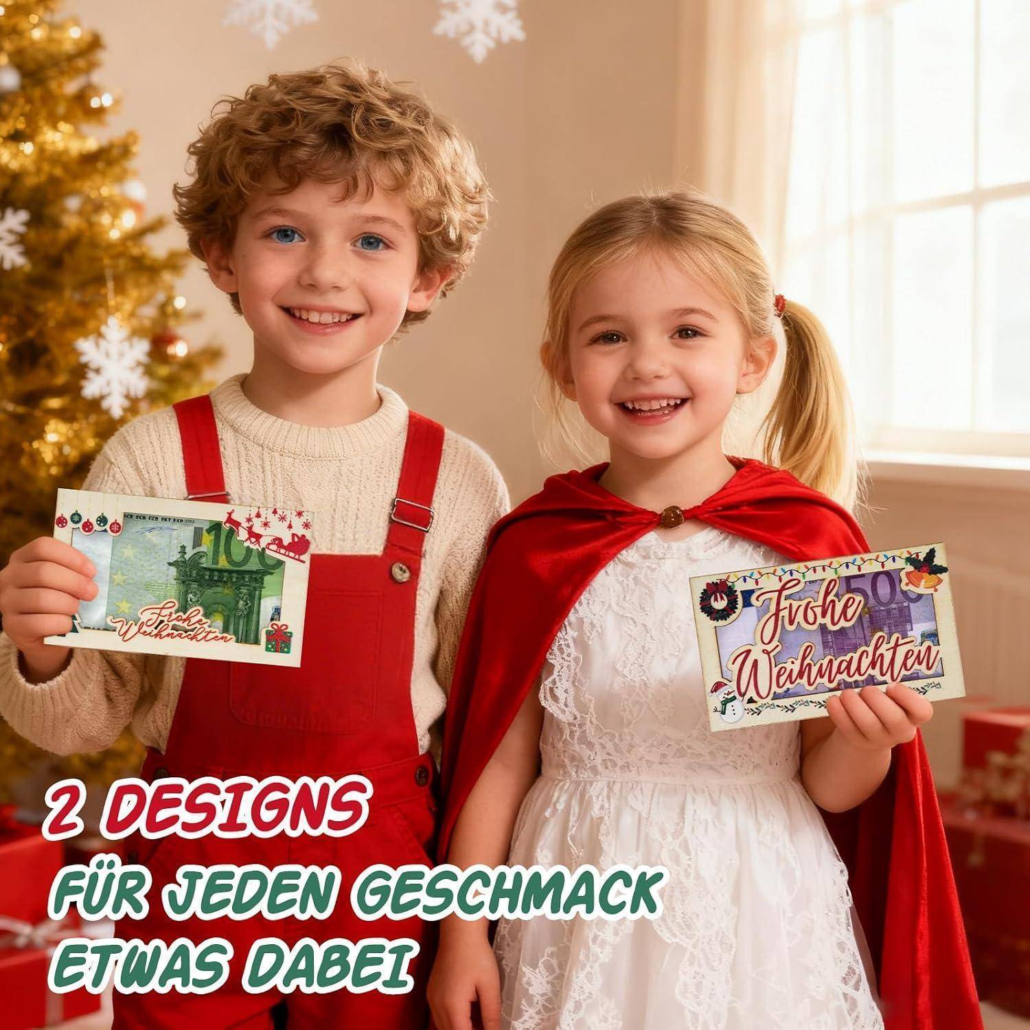 Zwei lächelnde Kinder in festlichen Kostümen halten Weihnachtskarten; der Text lautet „2 DESIGNS FÜR JEDEN GESCHMACK ETWAS DABEI