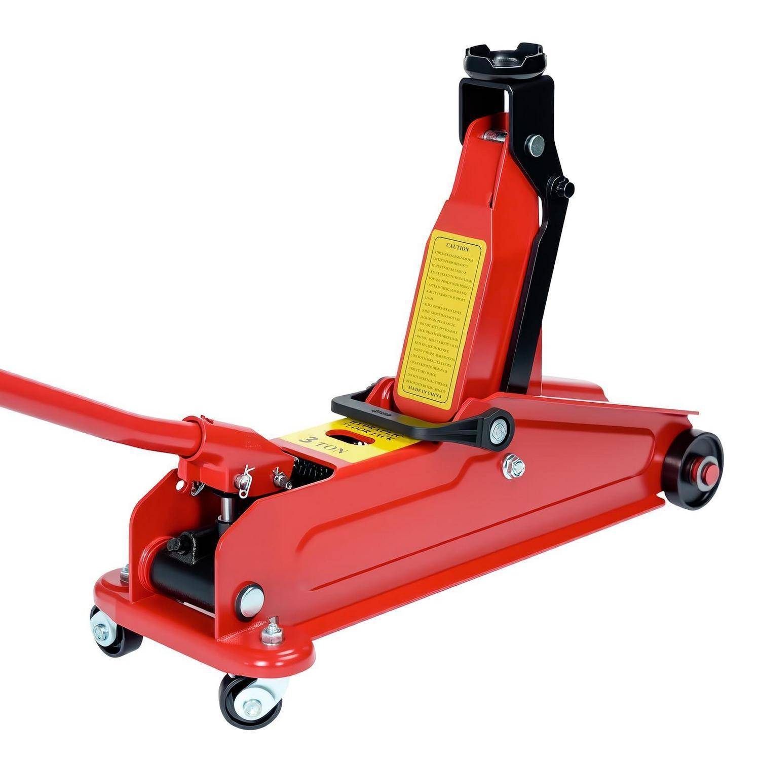 Roter hydraulischer Rangierwagenheberab mit langem Griff, gezeigt auf weißem Hintergrund.