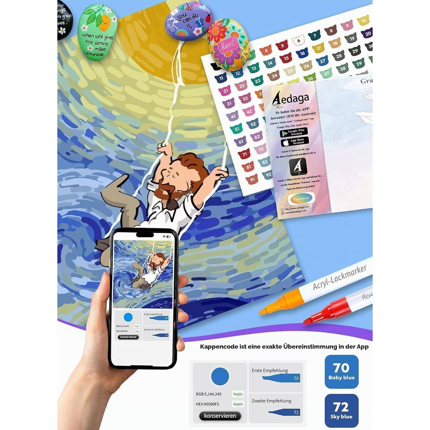 Werbegrafik für die Aedaga-Farbanpassungs-App: Eine Hand hält ein Telefon und scannt ein Cartoon-Bild ein, mit Farbmustern, App-Screenshots und Produktetiketten, die genaue Farbübereinstimmungen zeigen.