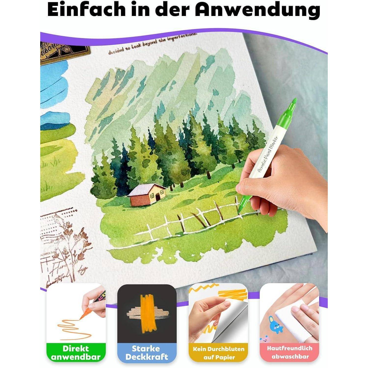 Aquarellmalerei-Landschaftsdemo mit Bergen, Kiefernbäumen, Hütte und Hand mit einem Malstift; Text sagt „Einfach in der Anwendung