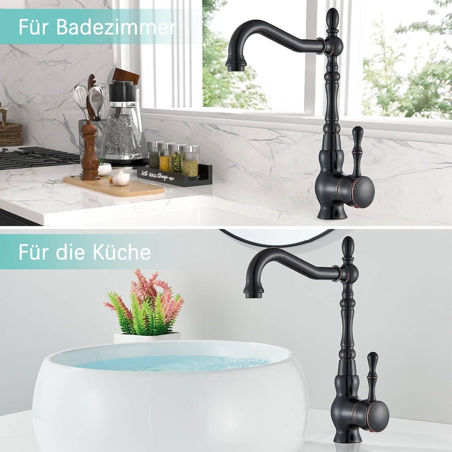Geteiltes Bild, das einen schwarzen Vintage-Wasserhahn in einem Badezimmer mit Marmorarbeitsplatte und in einer Küche mit einem weißen runden Waschbecken zeigt, beschriftet in Deutsch 