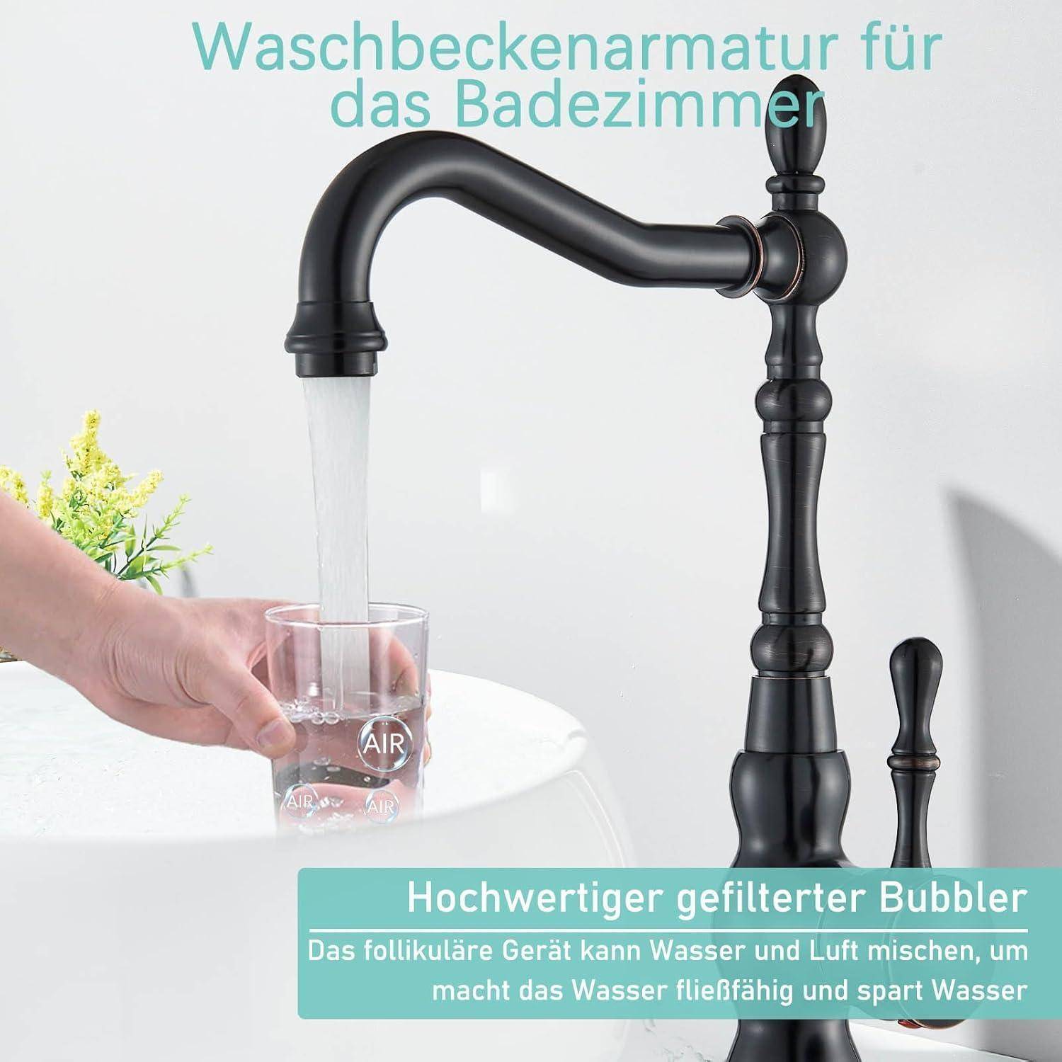Schwarzer Badezimmer-Waschbeckenarmatur mit fließendem Wasser, das ein Glas füllt, gekennzeichnet auf Deutsch als „Waschbeckenarmatur für das Badezimmer