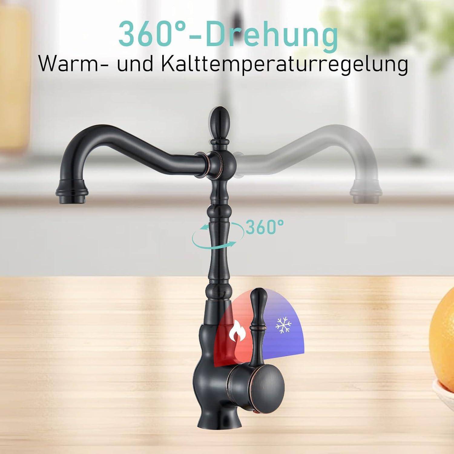 Werbebild eines schwarzen Küchenarmatur, das 360-Grad-Schwenkbarkeit und Warm-/Kalttemperaturregelung zeigt, gekennzeichnet mit den deutschen Bezeichnungen 