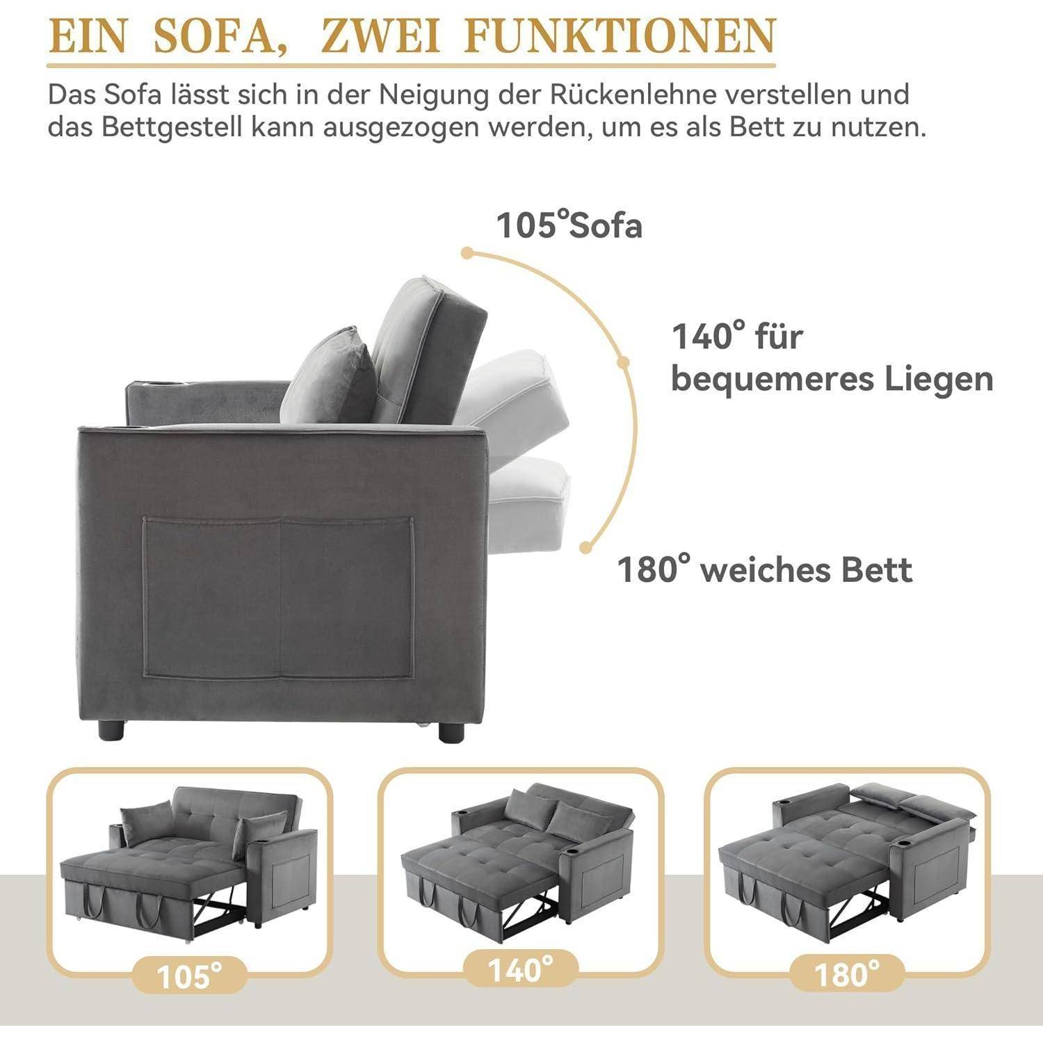 Klappbares Schlafsofa, Ausziehbares Sofa mit Schlaffunktion, Schlafsofa Schlafcouch mit Getränkehalter, 2 Kissen und Seitentaschen, Velvet Klappsofa