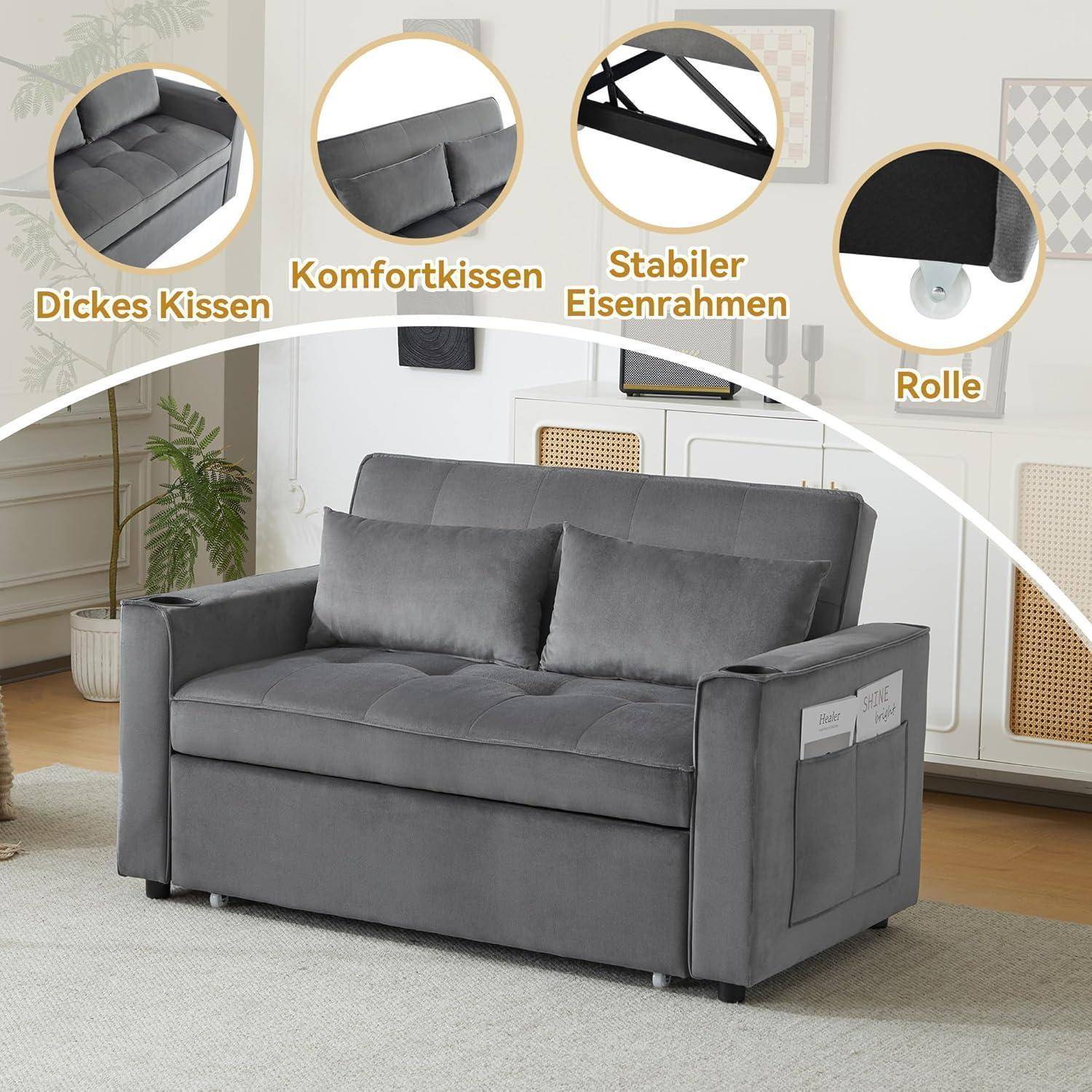 Grau zweisitziges Schlafsofa mit dicken Polstern, stabilem Metallrahmen und Rollen, gezeigt in einem Wohnzimmer; eingefügte Nahaufnahmen beschriften Merkmale auf Deutsch.