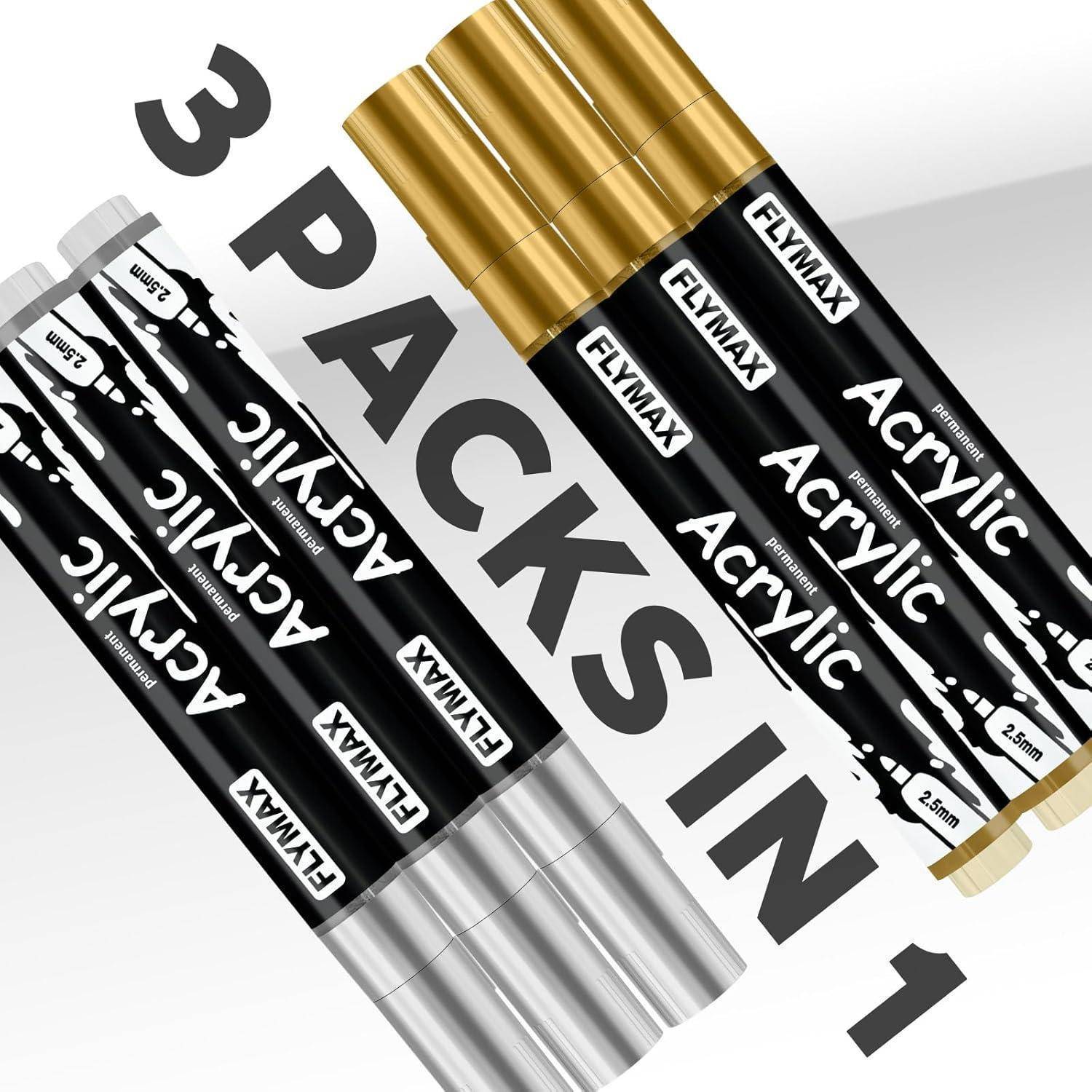 Drei schwarze und goldene FLYMAX Acrylmarker und drei schwarze und silberne FLYMAX Acrylmarker diagonal angeordnet, beschriftet mit „3 PACKS IN 1
