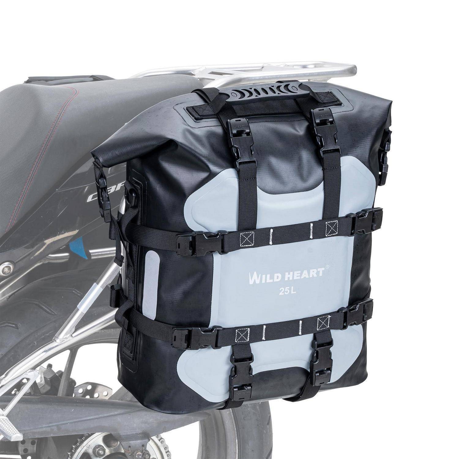 Schwarz-graue Motorrad-Hecktasche, die an der Rückseite eines Motorrads befestigt ist, mit der Bezeichnung „WILD HEART 25L