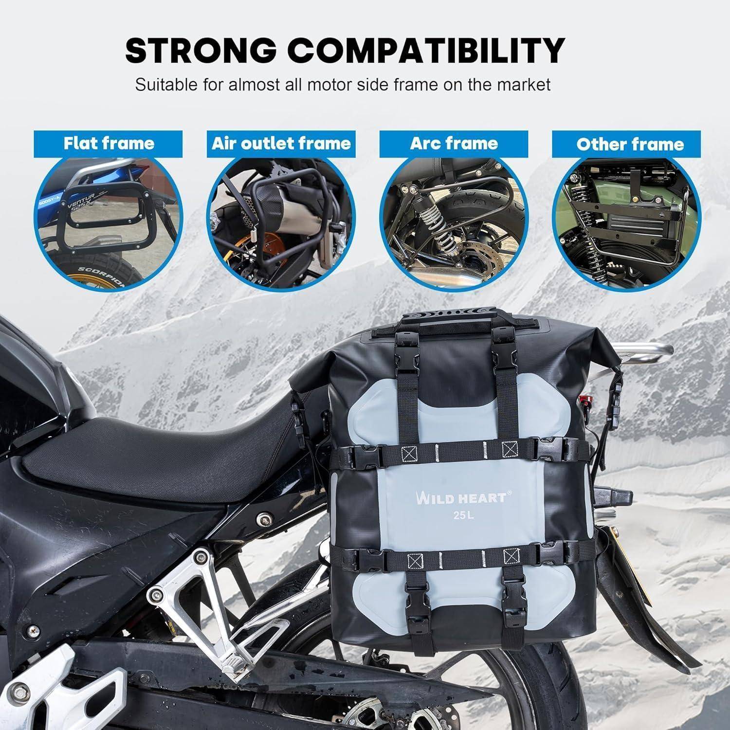 Motorrad-Seitentasche, die auf einem Fahrradsattel montiert ist und eine „STARKE KOMPATIBILITÄT" mit flachen, Belüftungs-, Bogen- und anderen Rahmentypen zeigt.
