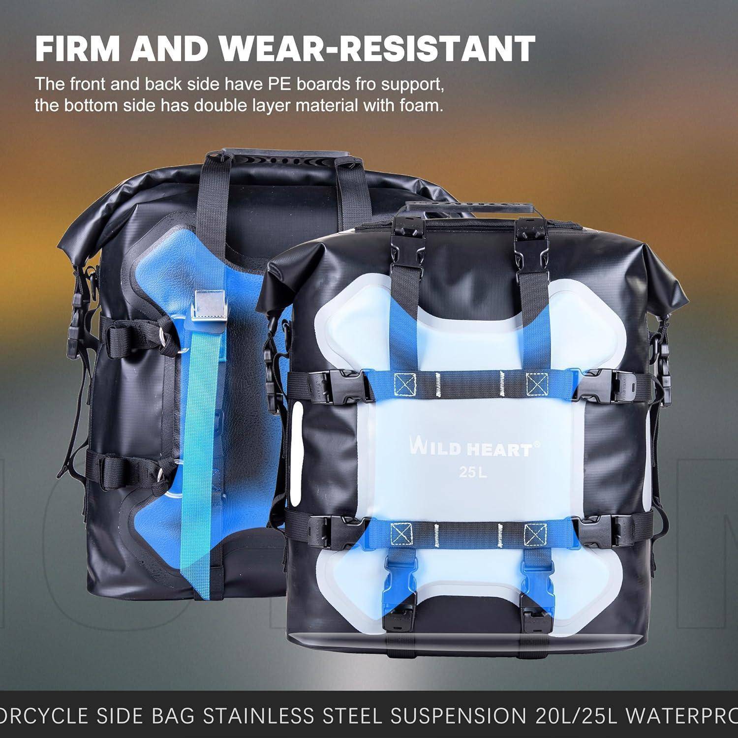 Produktangebot mit zwei schwarzen wasserdichten Motorrad-Seitentaschen mit blauer Polsterung, beschriftet mit 20L/25L, hervorgehoben wird die robuste, verschleißfeste Konstruktion und Stahlaufhängeriemen.