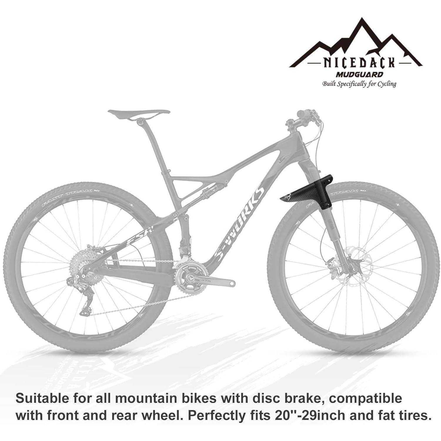 Produktbild einer Schutzblech-Mountainbike-Vorderradschutzvorrichtung, die an der Vordergabel montiert ist, mit Text, der besagt, dass es für Scheibenbremsen-Mountainbikes und 20-29 Zoll sowie Fatbikes passt.