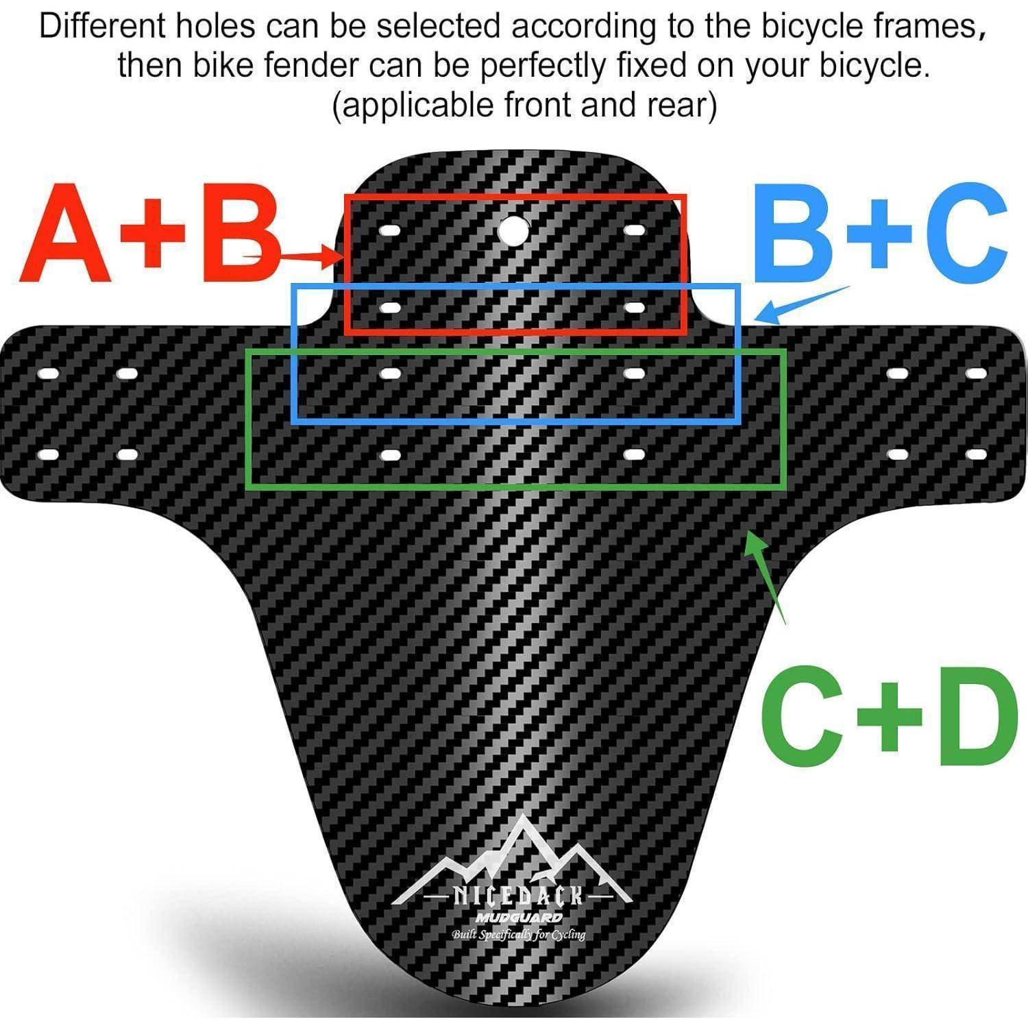 Diagramm einer Fahrradschutzblech mit mehreren Bohrlochmustern, beschriftet mit A+B, B+C und C+D, zum Anpassen an verschiedene Fahrradrahmen.