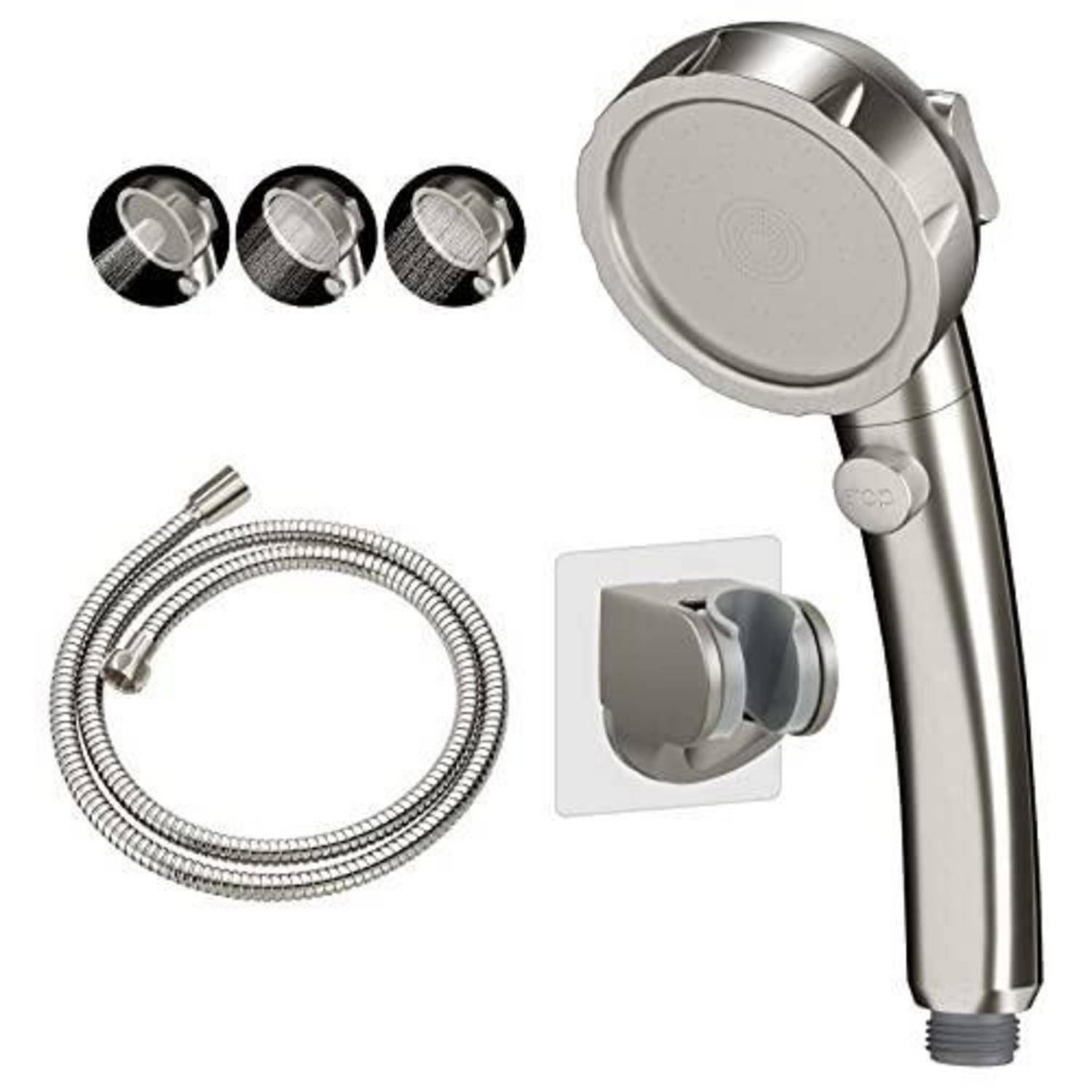 Duschkopf-Set mit tragbarem Sprayer, flexiblem Schlauch, Wandhalterung und drei Sprühfilter-Einsätzen auf weißem Hintergrund.