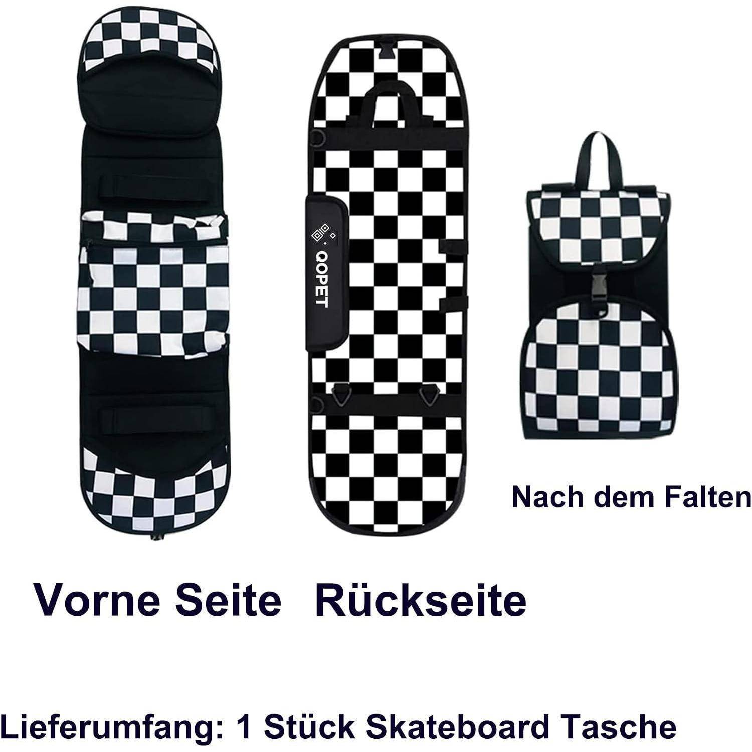 Produktbild zeigt eine schwarz-weiß karierte Skateboardtasche von vorne und hinten, plus eine zusammengefaltete Rucksackversion; deutscher Text lautet 
