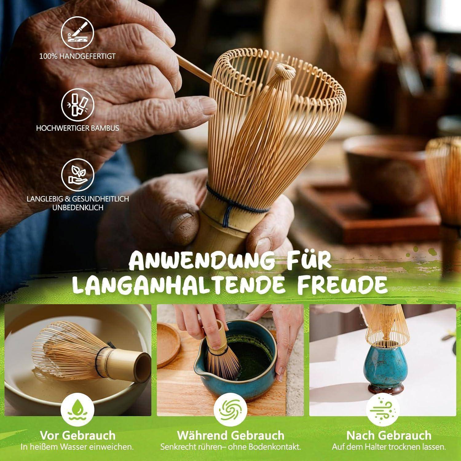 Eine Hand hält einen Bamboo-Whisk; deutsche Anzeige zeigt Produktmerkmale und drei Verwendungsschritte: vor, während und nach der Anwendung in einer Schüssel.