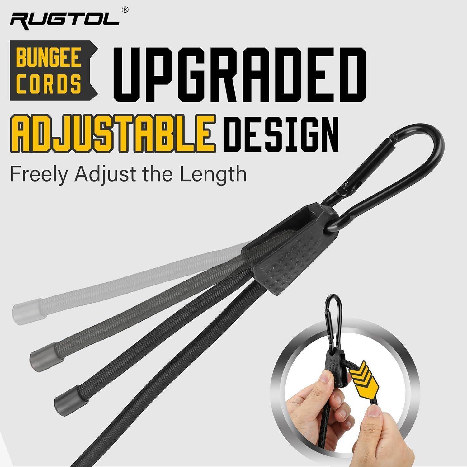 RUGTOL verstellbare Bungee-Schnüre mit verbessertem Design; Text sagt „Länge frei einstellbar