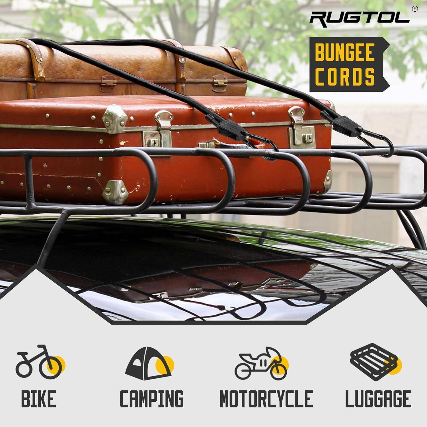 RUGTOL Spanngurte zur Befestigung von Gepäck auf einem Autodachträger, mit Symbolen zur Verwendung für Fahrrad, Camping, Motorrad und Gepäck.