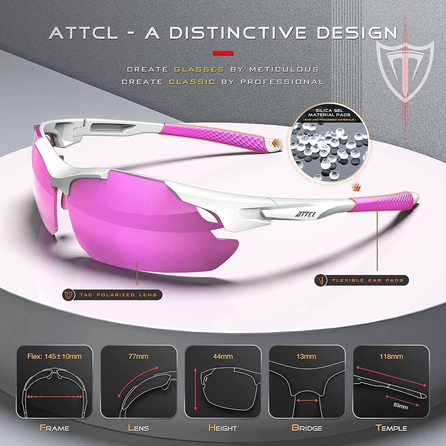 Explodierte Produktabbildung von ATTCL Sports-Sonnenbrillen in Weiß und Rosa, die flexible Ohrkissen, polarisierte Gläser und Größenabmessungen für Rahmen, Gläser, Höhe, Steg und Bügel zeigt.