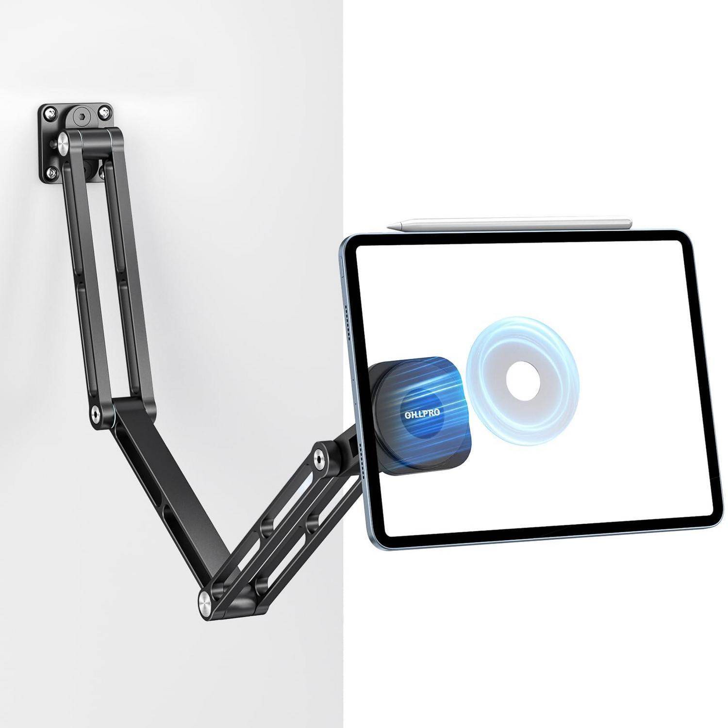 Wandmontierter verstellbarer Arm, der ein Tablet in Querformat hält, mit einer Ladestation mit blauen kabellosen Ladringen.