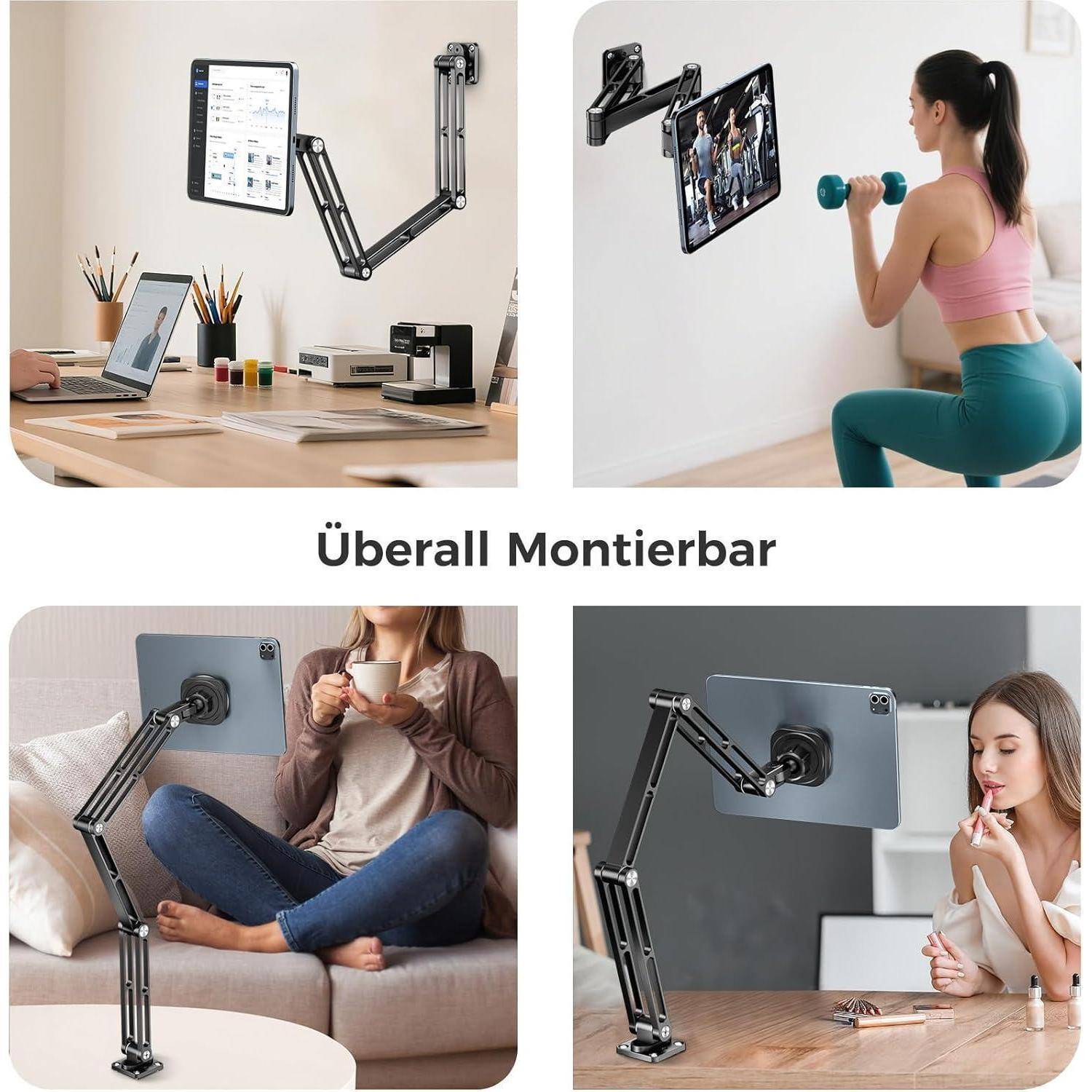 Collage mit einer wandmontierten verstellbaren Tablet-Halterung in vier Szenarien: Schreibtischarbeit, Home-Fitness, Entspannung auf dem Sofa und Schminkplatz.