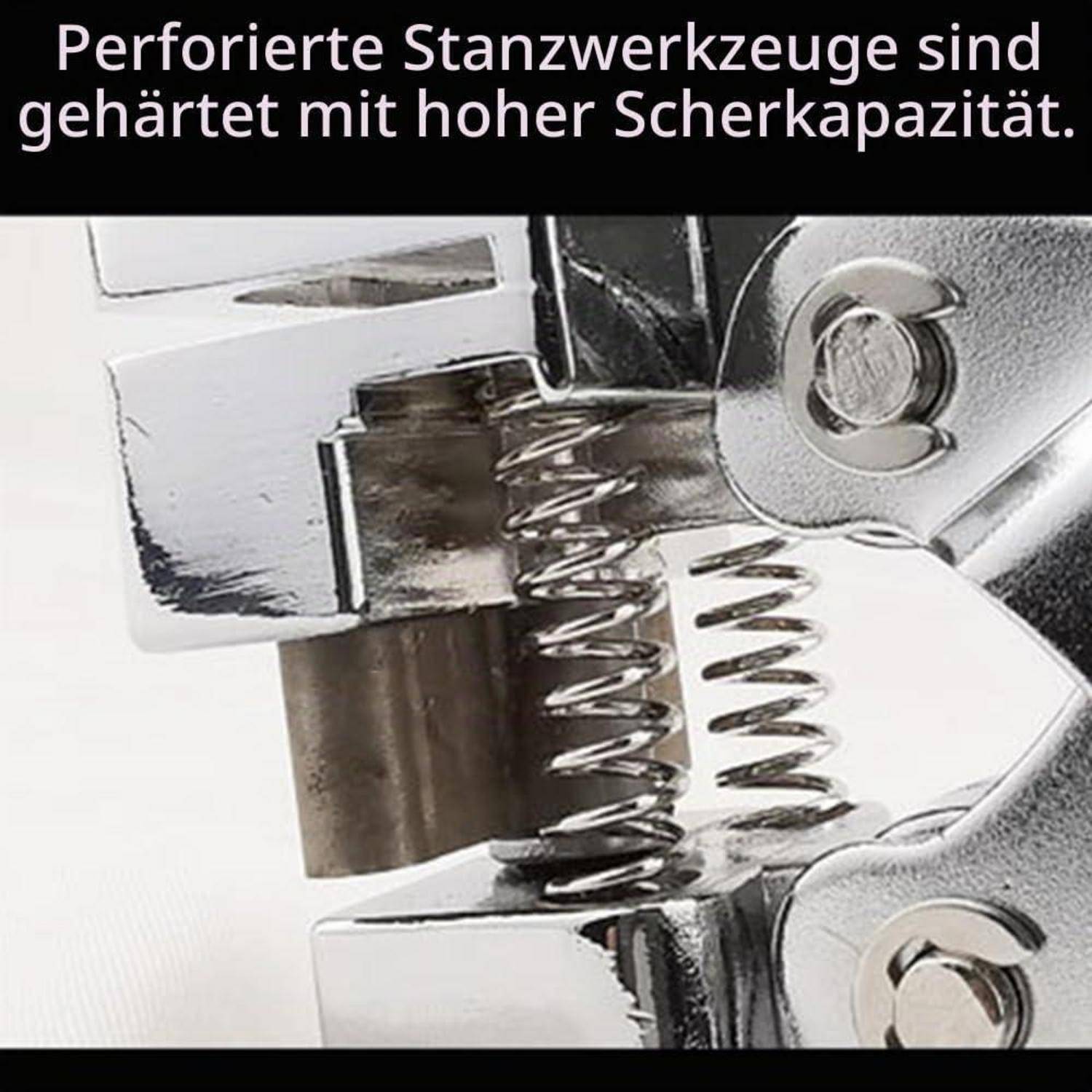 Nahaufnahme eines Metallstanzwerkzeugs, das Material zwischen federbelasteten Backen schneidet, mit deutschem Text, der besagt, dass gestanzte Perforationswerkzeuge gehärtet sind, um hohe Scherkraft zu bewältigen.