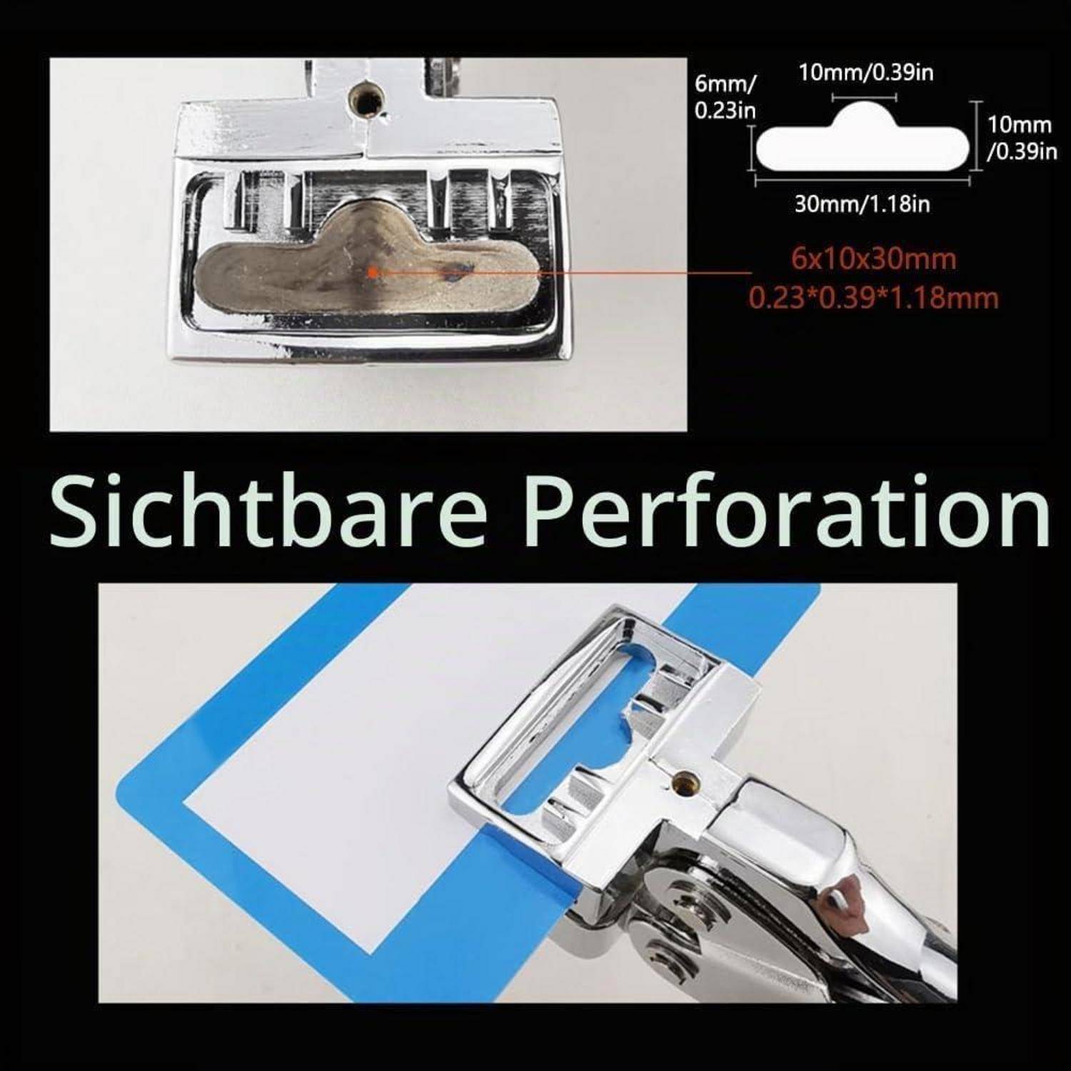 Metallpapierklammer auf einem sichtbaren Perforationschart, das die Form und Größe der Klammer mit beschrifteten Abmessungen und dem deutschen Text 'Sichtbare Perforation' zeigt.