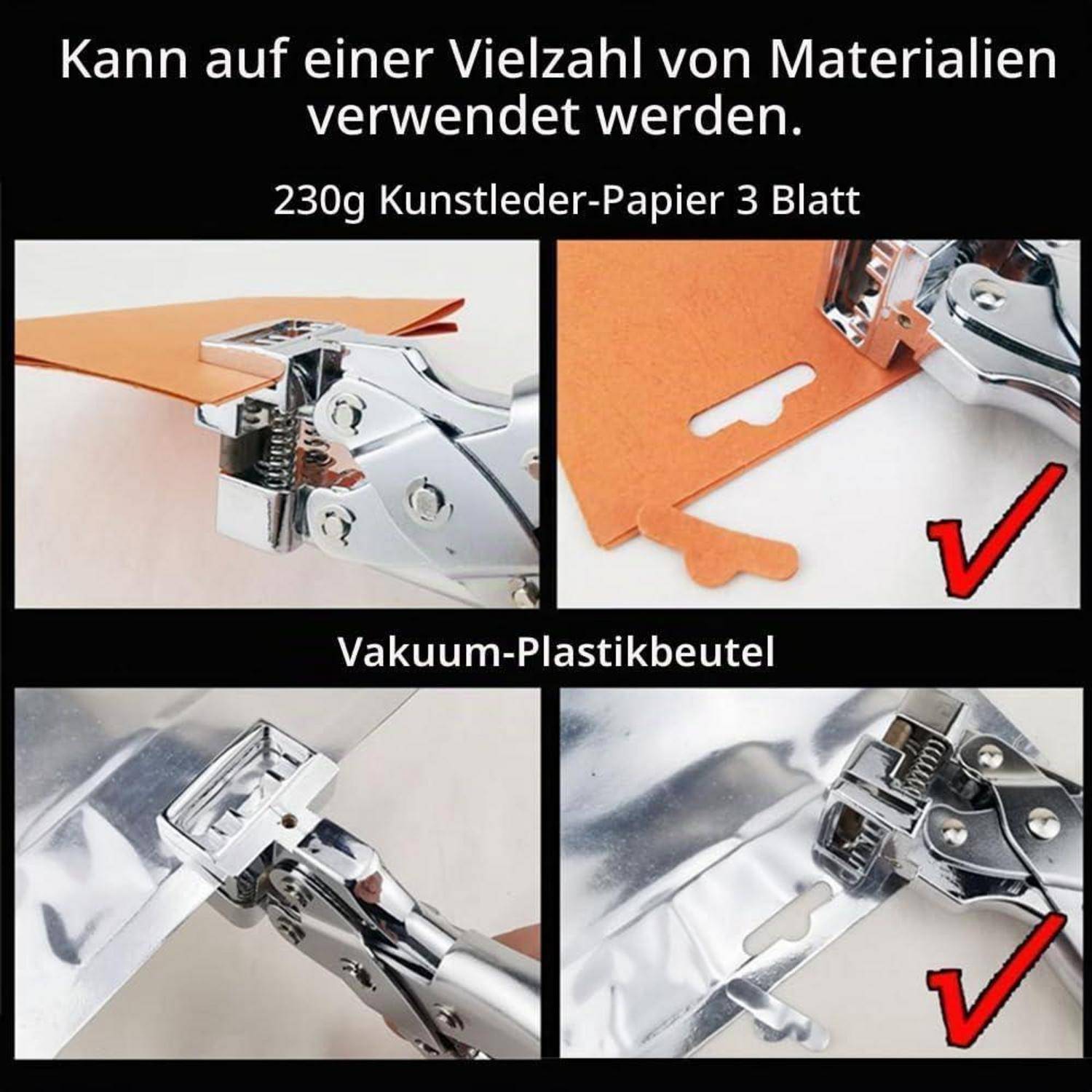 Collage zeigt ein Stanzeisen, das auf 230g Karton und Vakuumkunststoffbeuteln verwendet werden kann; rote Häkchen kennzeichnen geeignete Materialien.