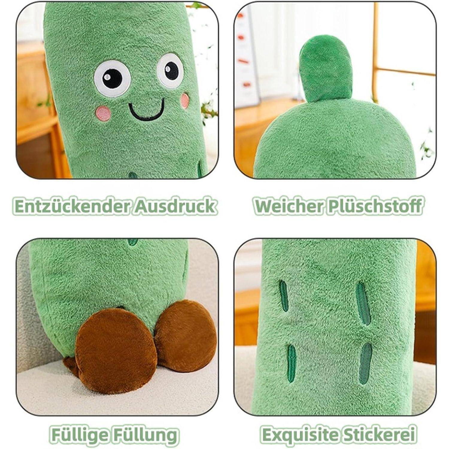 # Viergeteiltes Produktbild eines grünen kuscheligen Kaktus-Spielzeugs mit lächelndem Gesicht, weichem Stoff, abgerundeter Oberseite, gefülltem Sockel und gestickten Details; deutsche Beschriftungen heben die Merkmale hervor.