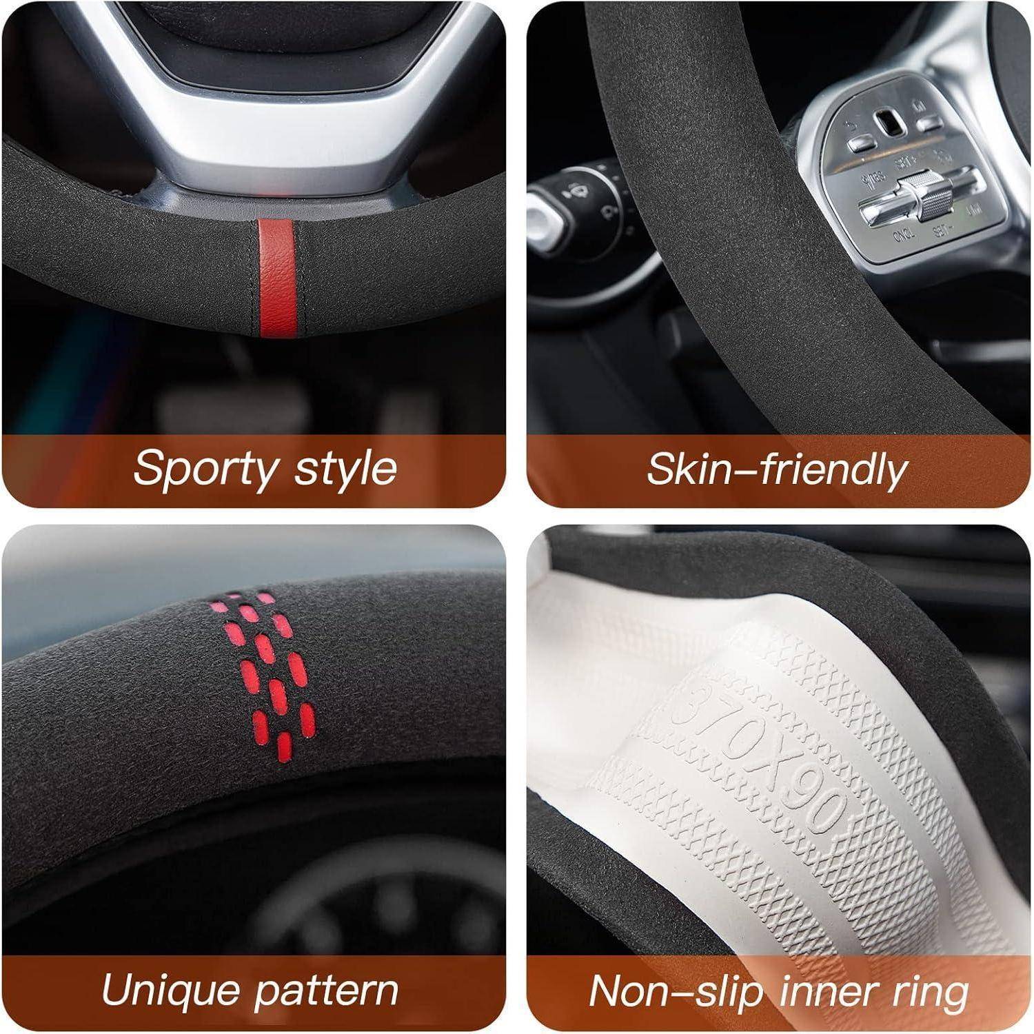 Vierteiliges Lenkradbezug-Angebot zeigt sportlichen Stil, hautfreundliches Material, einzigartiges Muster und rutschfeste innere Ringe.