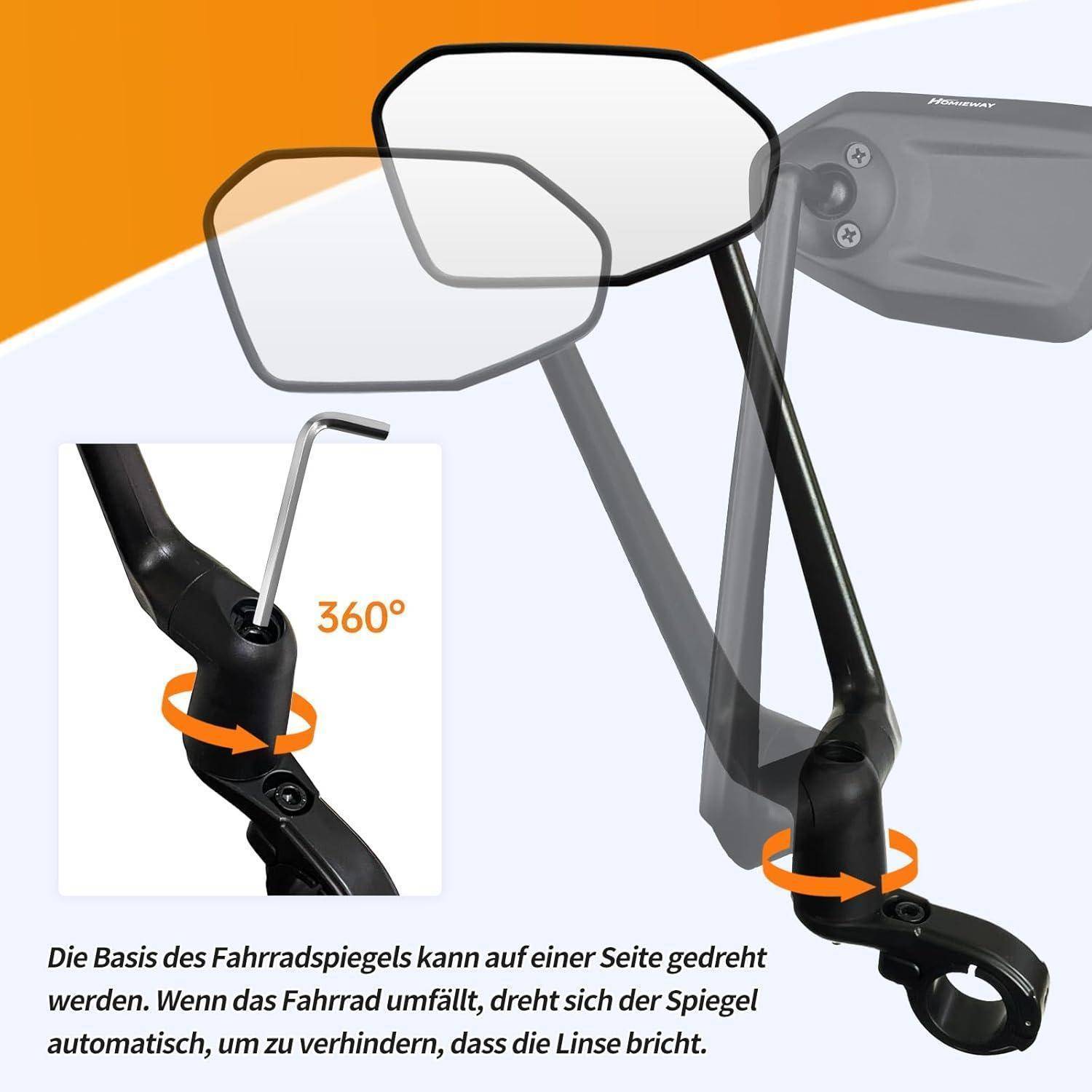Fahrradspiegel mit 360° drehbarem Sockel und verstellbarem Arm; die Vergrößerung zeigt die Drehgelenk, die bei einem Sturz ein Zerbrechen der Linse verhindert.