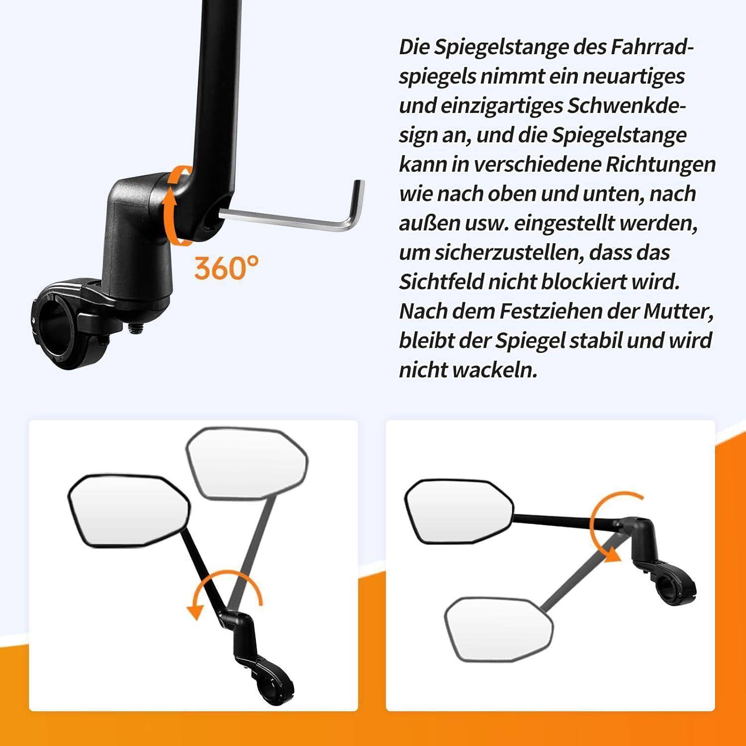 Abbildung eines verstellbaren Fahrrradspiegels mit 360°-Schwenkarm, die zeigt, dass der Spiegel sich in mehrere Richtungen bewegen kann und nach dem Festziehen stabil bleibt.
