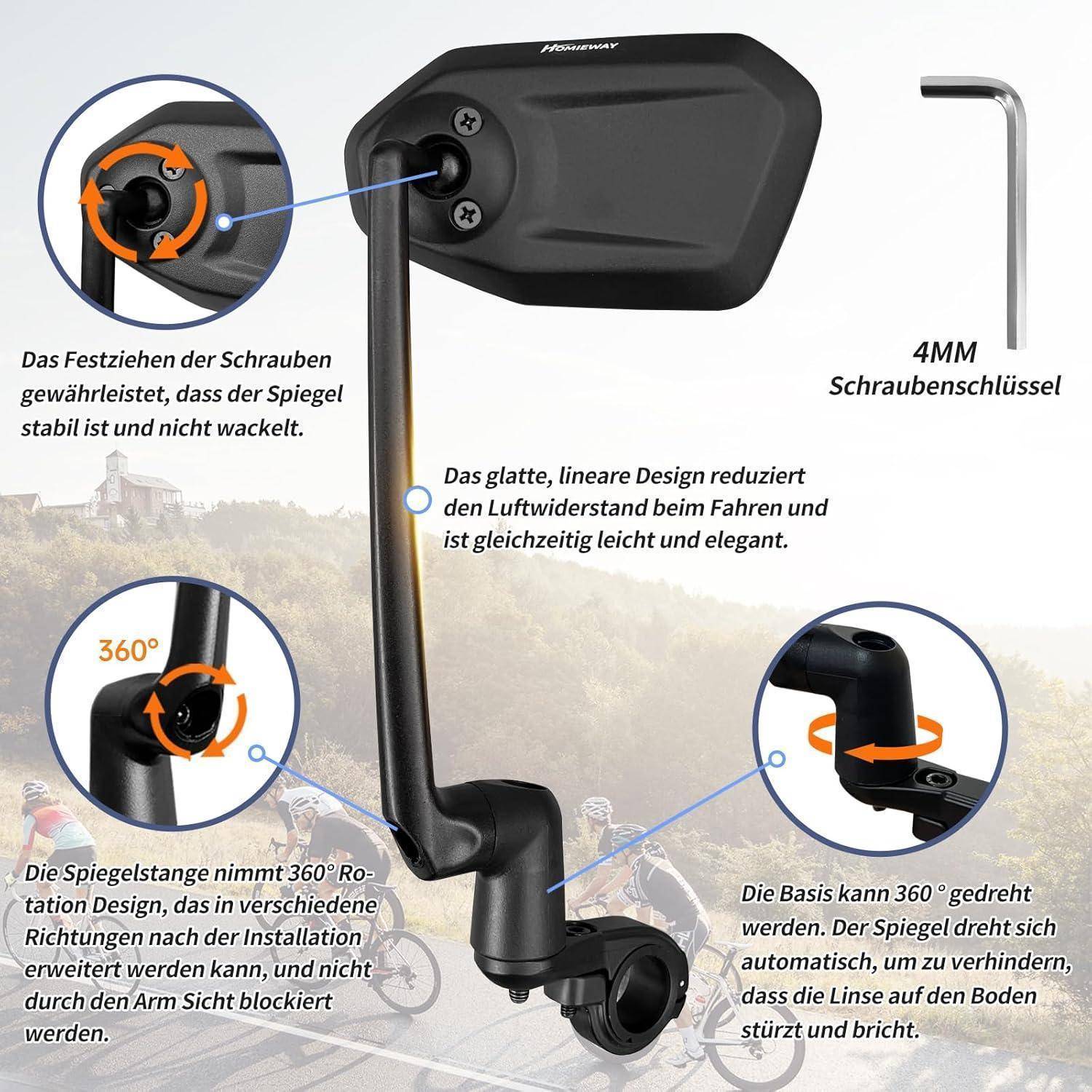 Kommentierter Motorradraum mit 360° verstellbarem Sockel, sicherer Schraubenbefestigung und mitgeliefertem 4-mm-Innensechskantschlüssel; deutsche Beschriftungen erklären reduzierte Luftwiderstand und stabile, vibrationsfreie Halterung.