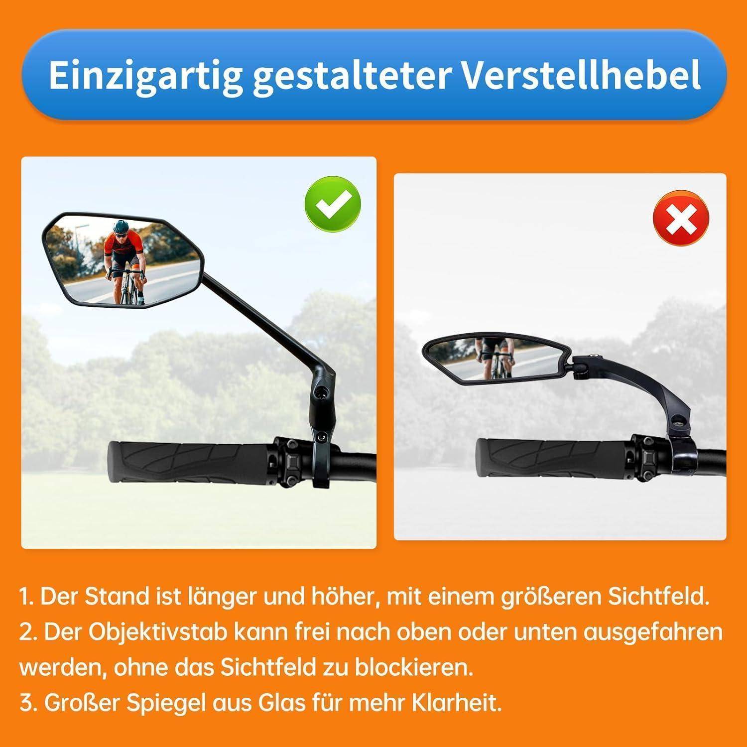 Infografik zum Vergleich eines „einzigartig gestalteten verstellbaren Spiegels" für ein Fahrrad: Links wird die korrekte längere, höhere Halterung mit breiterer Sichtfeld gezeigt; rechts wird das falsche niedriges Design mit einem X gekennzeichnet.