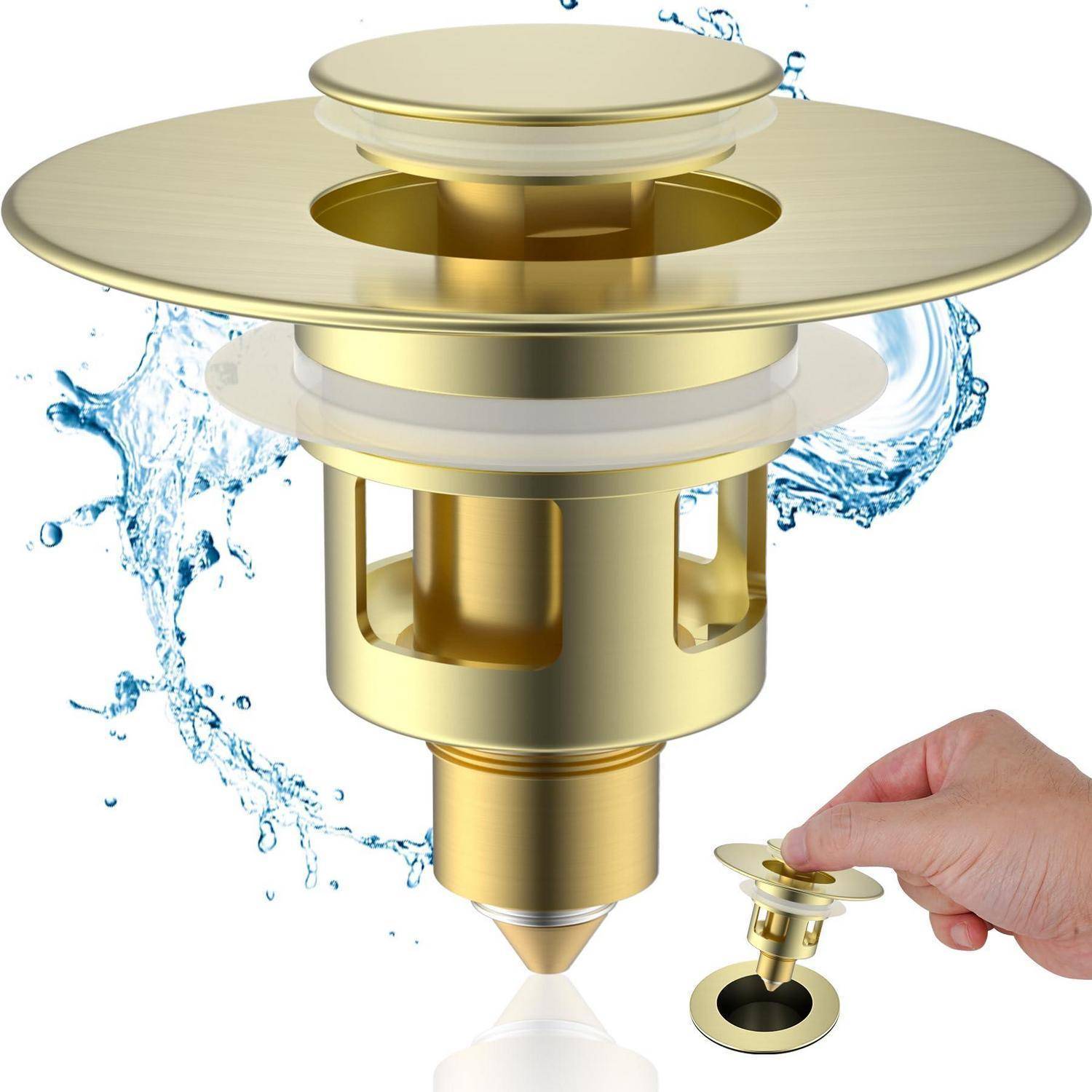 Goldener Pop-up-Abflussventil, gezeigt mit Wasser, das dahinter spritzt, plus eine Hand, die den Ventil in eine Waschbeckenöffnung einbaut.