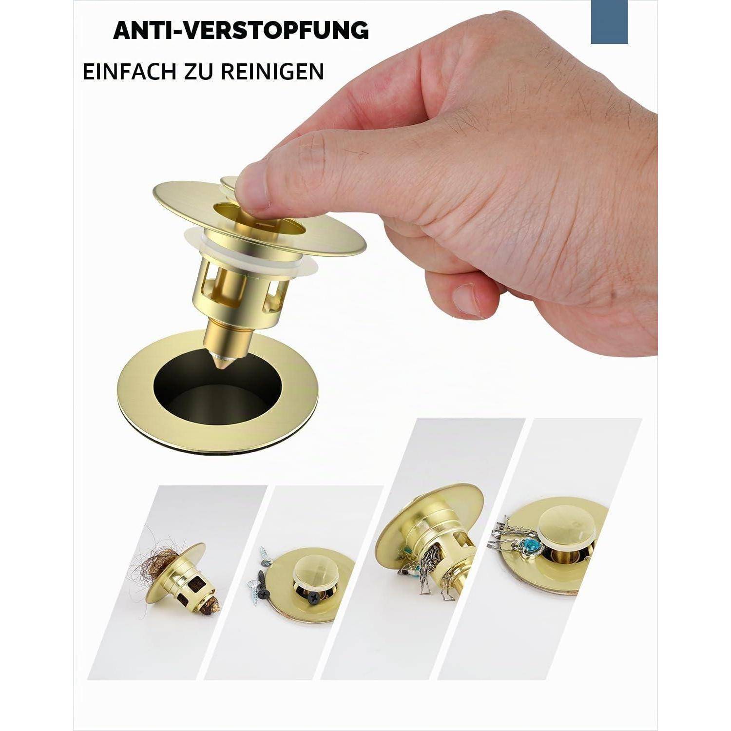 Hand entfernt einen goldfarbenen Abflussdeckel über einem Spülbecken; der Text lautet „ANTI-VERSTOPFUNG
