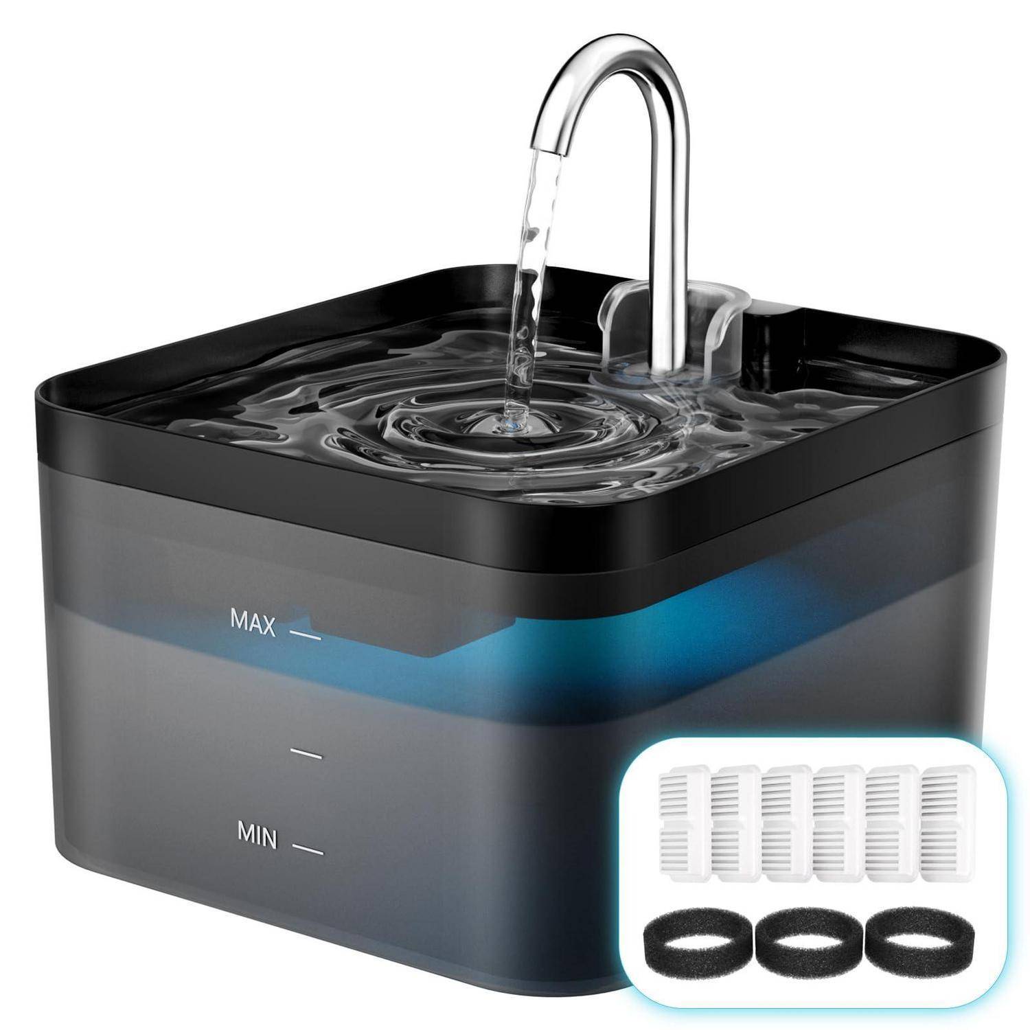 Schwarze Arbeitsplatte-Wassertank wird aus einem Wasserhahn gefüllt, mit MAX- und MIN-Markierungen und Ausschnitt zeigt Ersatzfilter und Dichtungen.