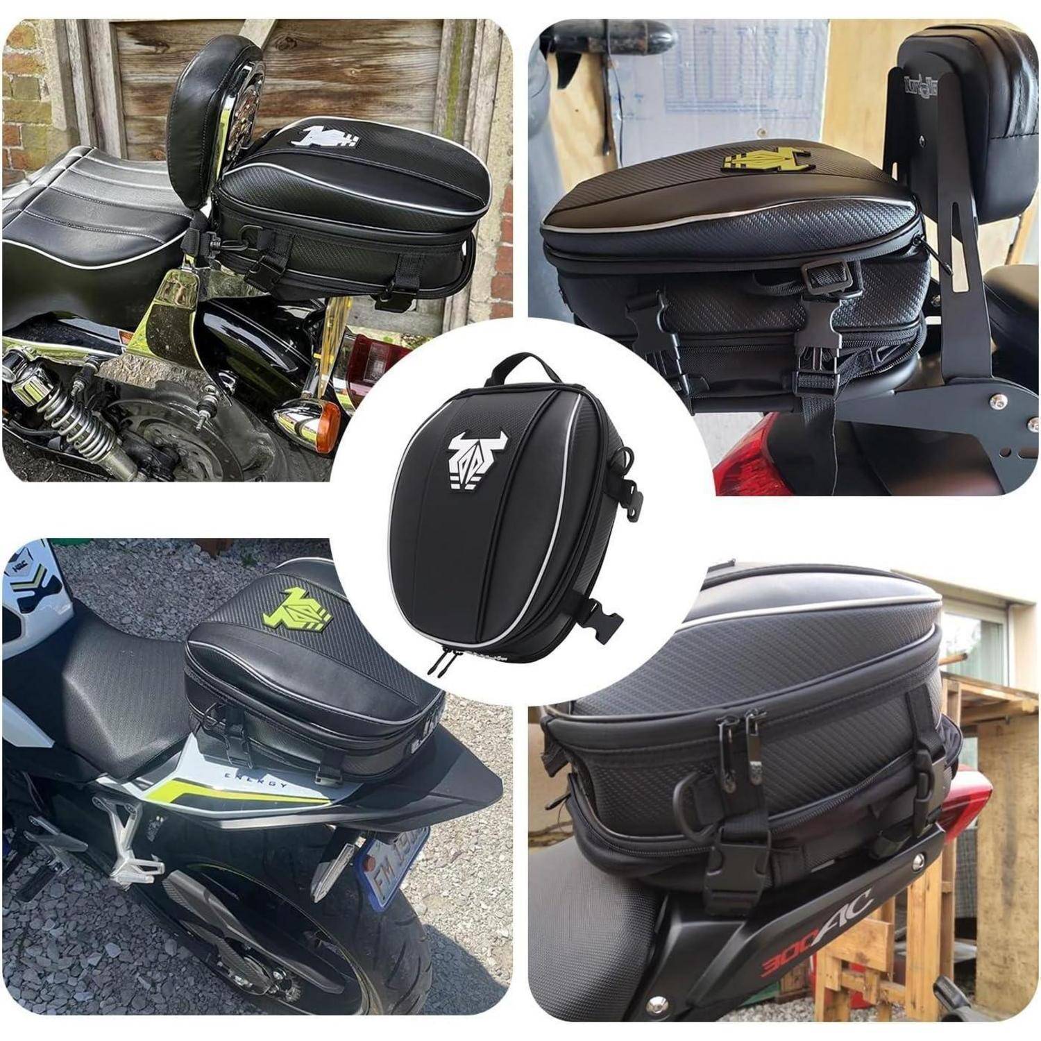 Collage eines schwarzen Motorrad-Tankrucksacks, der auf verschiedenen Motorrädern montiert ist, aus mehreren Winkeln gezeigt mit Reißverschlüssen, Riemen und einem Logo oben.