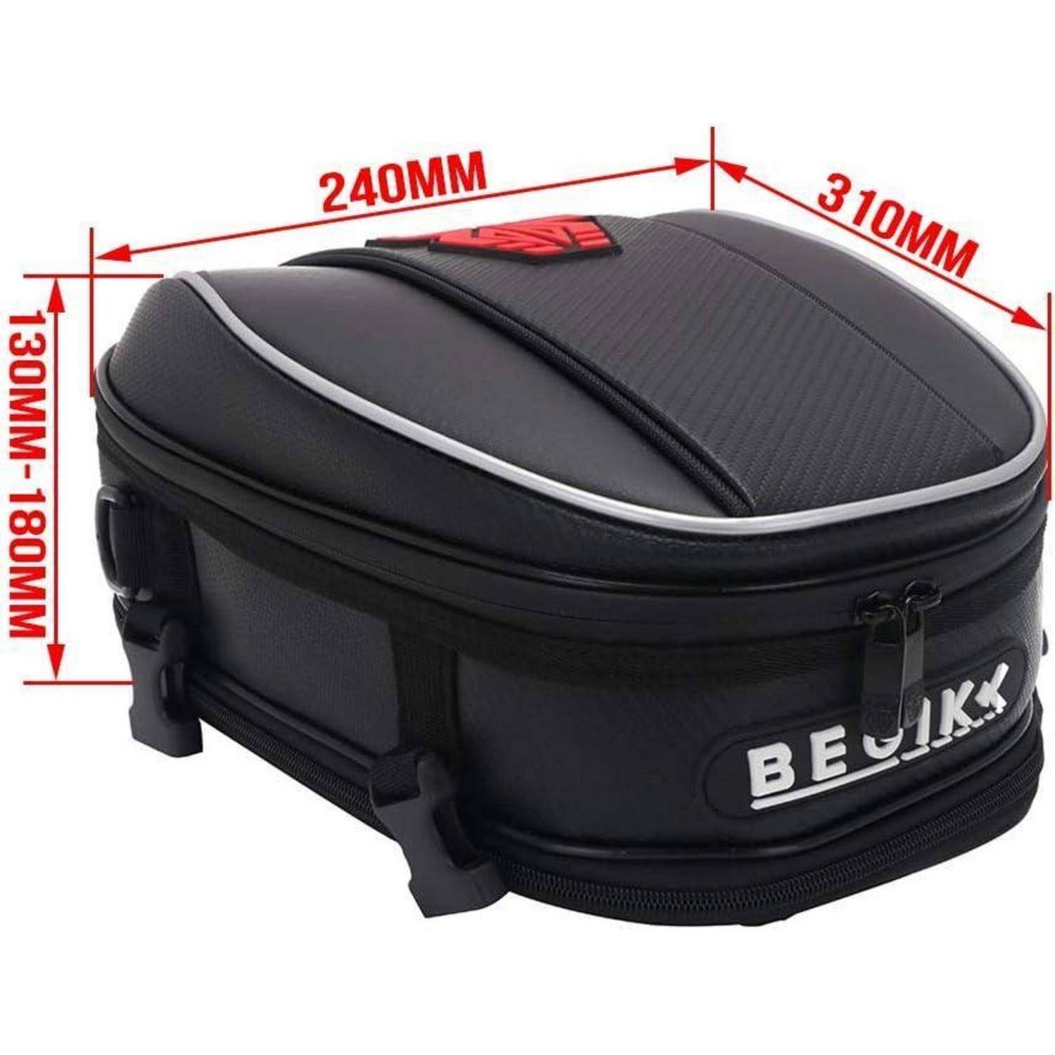 Schwarze Motorrad-Sitztasche mit beschrifteten Abmessungen von 240 mm x 310 mm und Höhe von 130 mm bis 180 mm, Marke „BEJIKK".