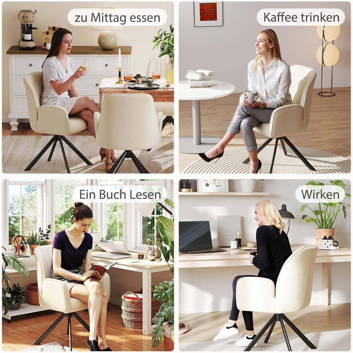 2er Set Esszimmerstühle Drehbar mit Armlehne, 360°Drehbar Polsterstuhl Küchenstuhl aus Chenille, Stühle Esszimmer Schminkstuhl Drehstuhl mit Metal