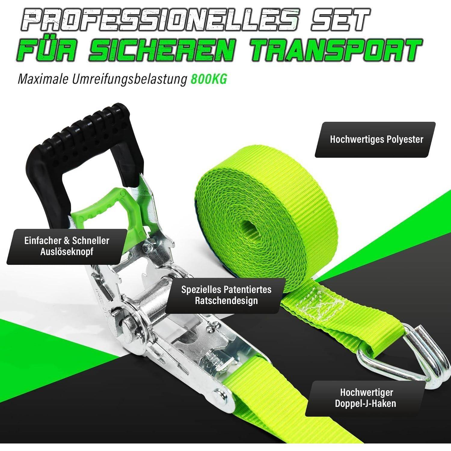 Produktbild eines grünen Ratschenbindegurts-Sets mit Metallhaken und Griff, gekennzeichnet auf Deutsch als professionelle Transportgurte mit maximaler Tragfähigkeit von 800 kg.