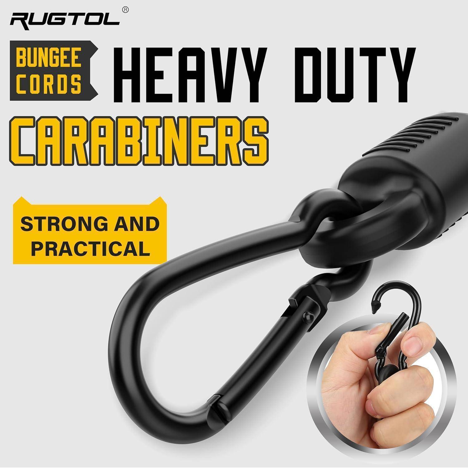 Produktanzeige für Rugtol-Bungee-Seile mit robusten Karabinern, mit einem großen schwarzen Karabiner und dem Text „Stark und praktisch