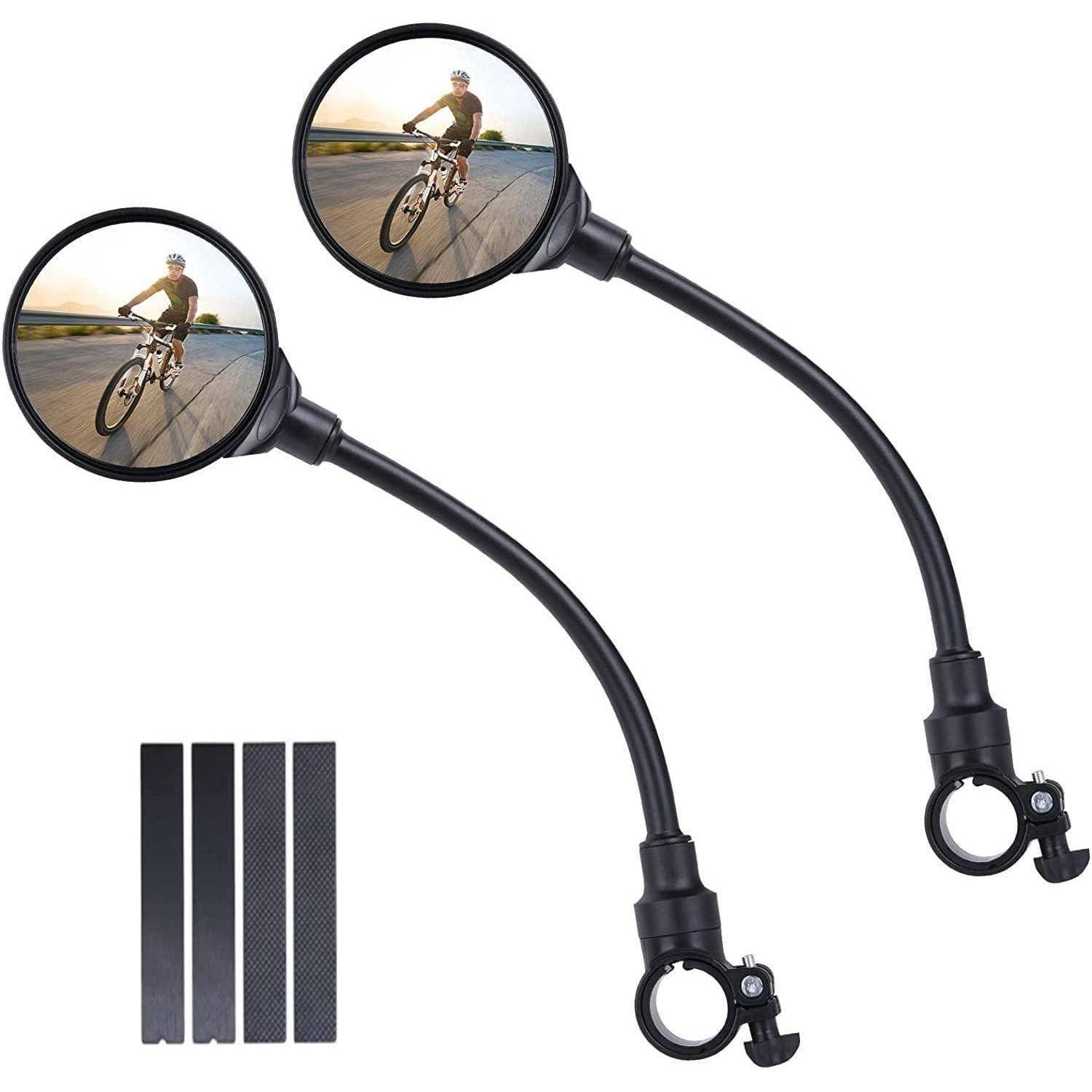 Paar schwarzer Fahrrad-Lenker-Rückspiegel mit runden reflektierenden Linsen und Befestigungsschellen; inklusive Klebegriffstreifen.
