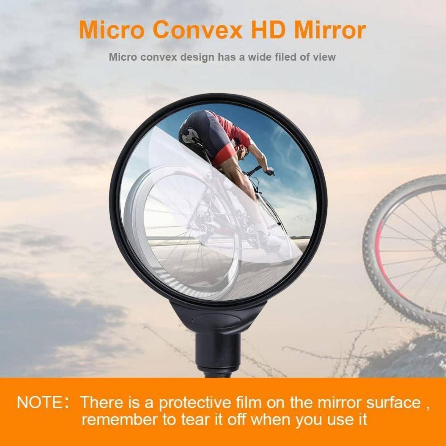 Produktbild eines "Micro Convex HD Spiegels"" mit einem Radfahrer, der in einem Weitwinkel-Spiegel gespiegelt wird, mit einem Hinweis, die Schutzfolie vor Gebrauch zu entfernen.