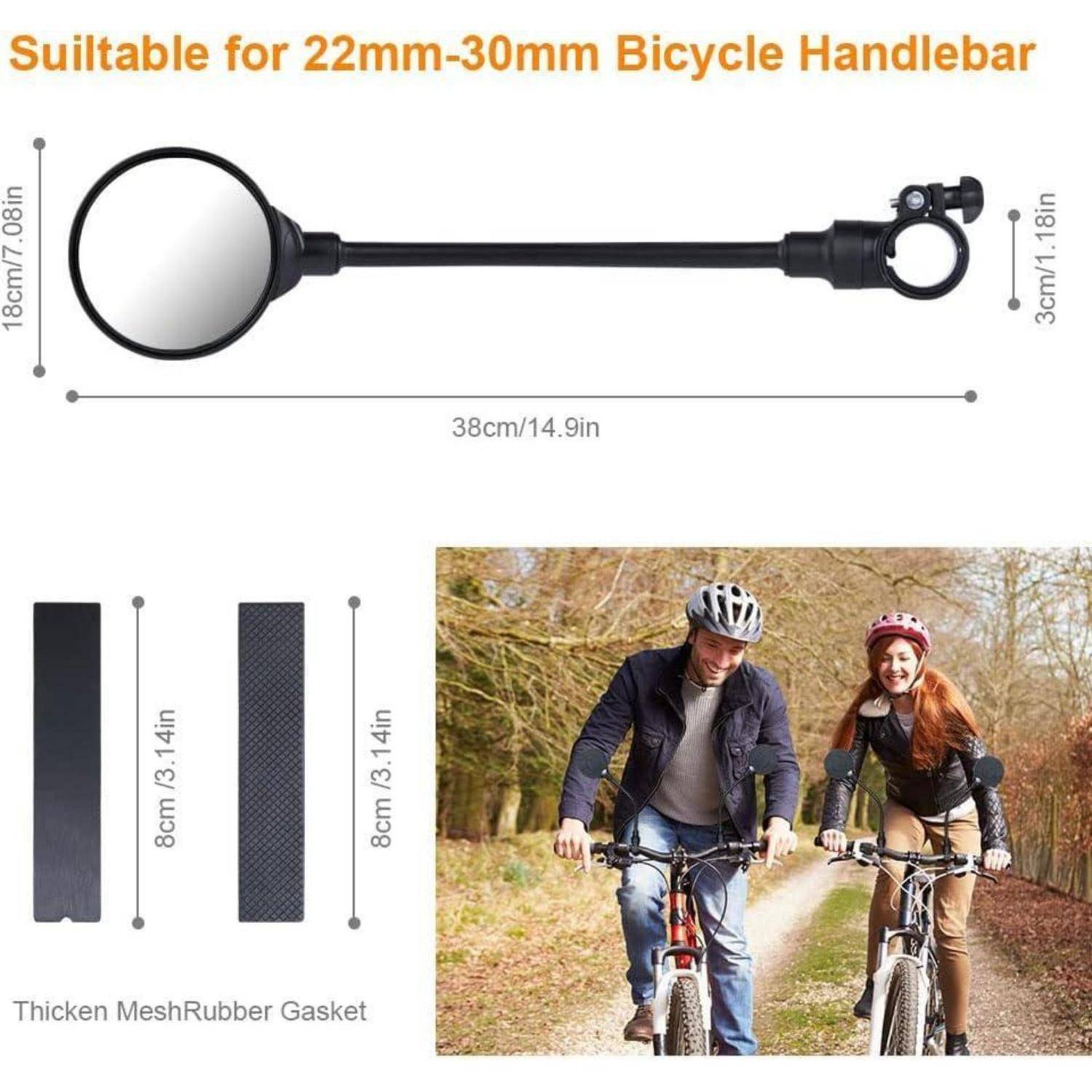 Fahrradlenker-Spiegelset für 22mm-30mm Lenker, 38cm lang, mit dicken Mesh-Gummieinlagen; auf Fahrrädern von Radfahrern montiert dargestellt.