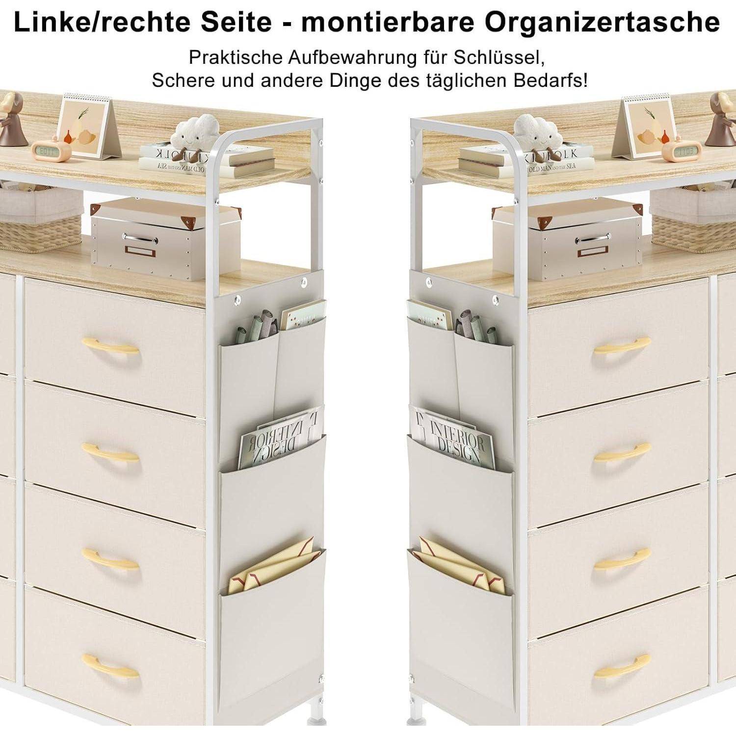 Produktbild, das eine montierbare Seitentaschenorganizer-Tasche zeigt, die auf der linken oder rechten Seite einer Kommode passt, mit Taschen für Schlüssel und kleine Gegenstände.