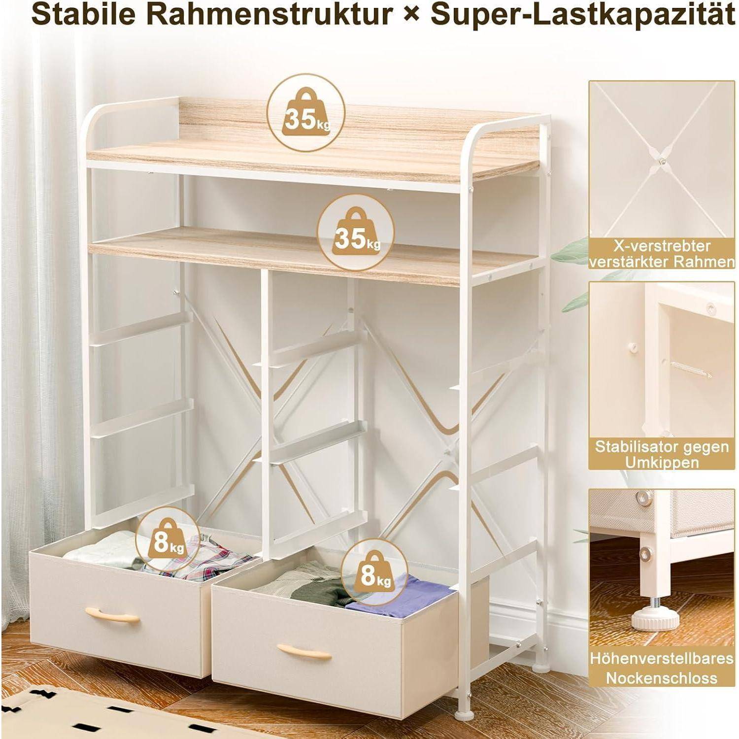 # Produktfoto eines Etagenbetts aus Metall und Holz mit Lagerschubladen, gekennzeichnet in deutscher Sprache, um einen stabilen Rahmen, 35 kg Regaltragfähigkeit, 8 kg Schubladentragfähigkeit und Kippschutzvorrichtungen zu zeigen.