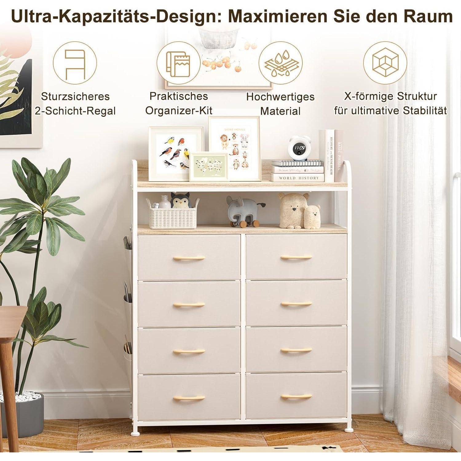 Weißer zweiräumiger Aufbewahrungsorganizer mit fünf Schubladen und Regalbrett oben, vermarktet als platzsparer, robustes 2-Schicht-Regal mit Organizer-Set und X-Rahmen-Stabilität.