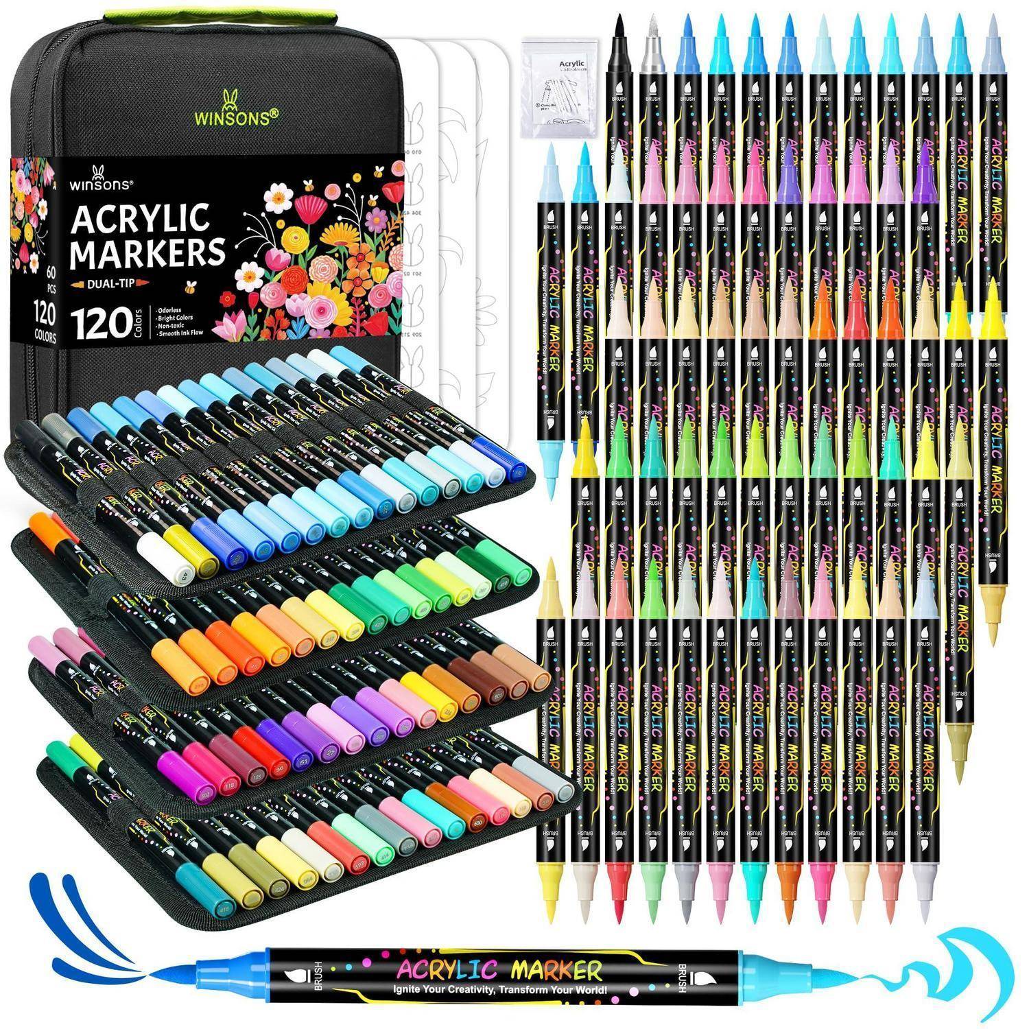 WINSONS Acrylstifte 120 Farben, Wasserfest Filzstifte für Die Malerei | Starke Deckkraft, kein Verlaufen, lebendige Farben, tragbare Hülle